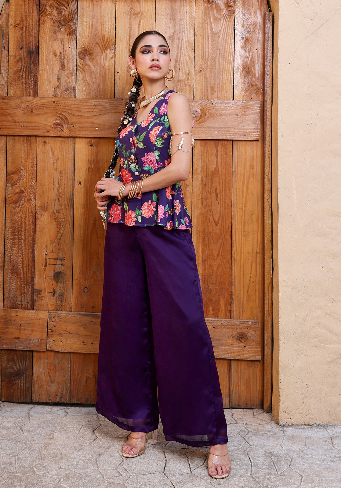 Floral Sleeveless V-Neck Muslin Purple  Co-ord Set