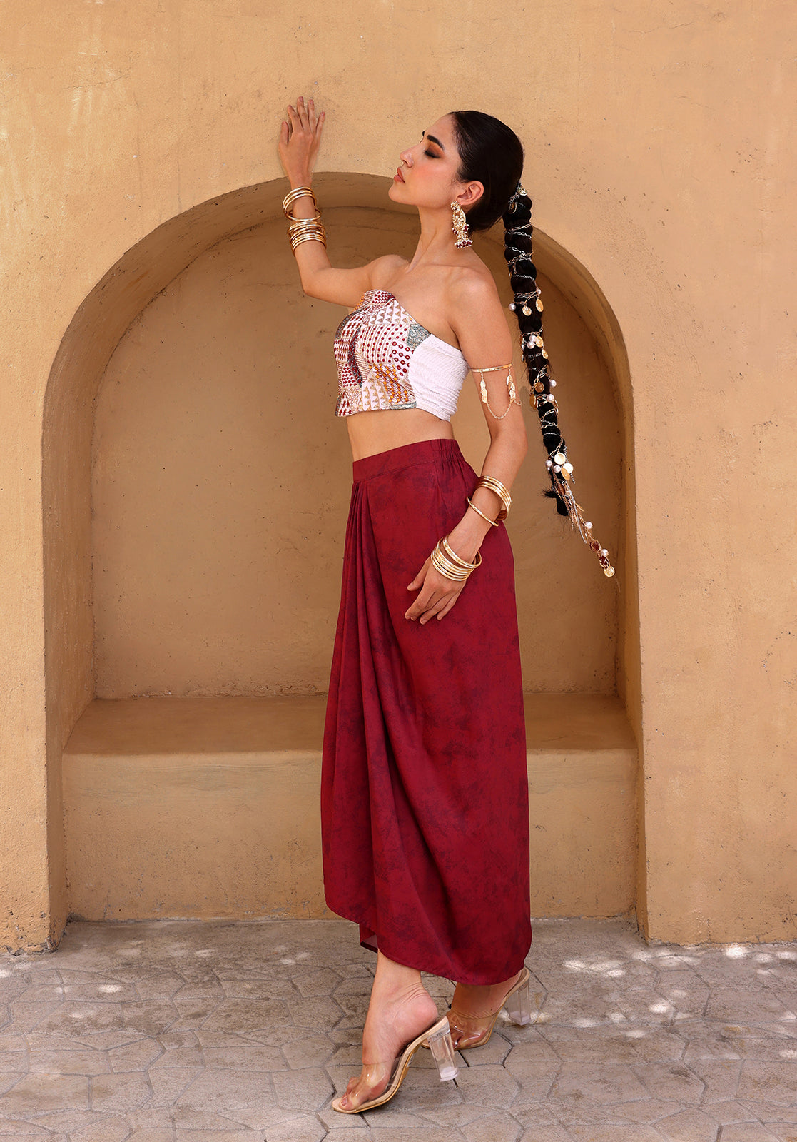 Embellished Georgette Strapless Sleeveless Maroon  Co-ord Set