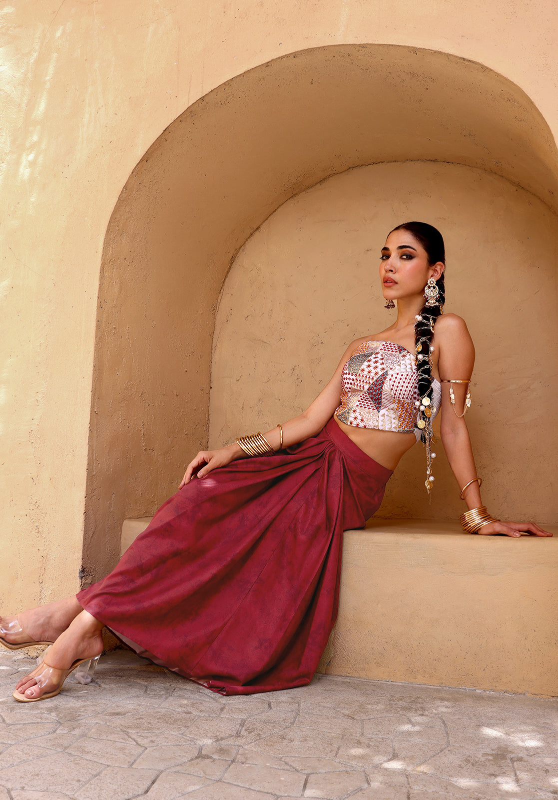 Embellished Georgette Strapless Sleeveless Maroon  Co-ord Set