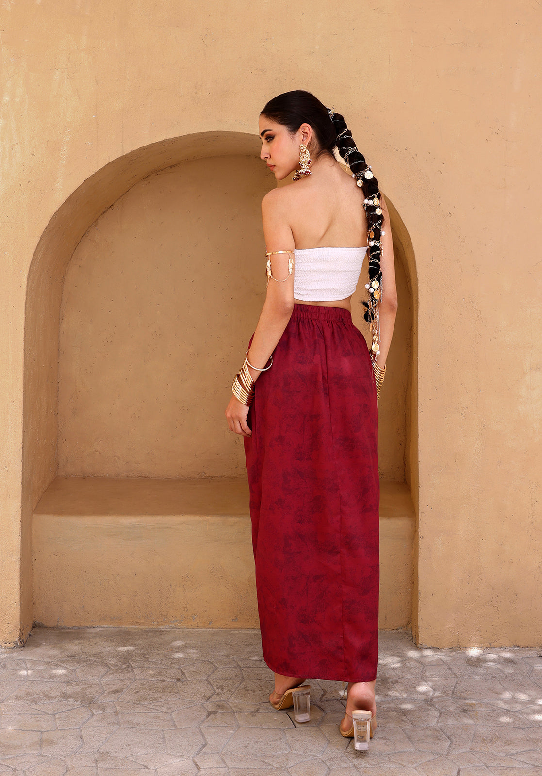 Embellished Georgette Strapless Sleeveless Maroon  Co-ord Set