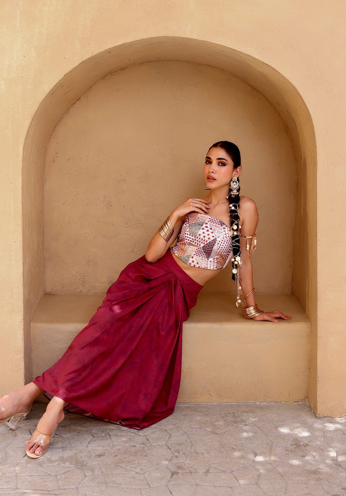 Embellished Georgette Strapless Sleeveless Maroon  Co-ord Set