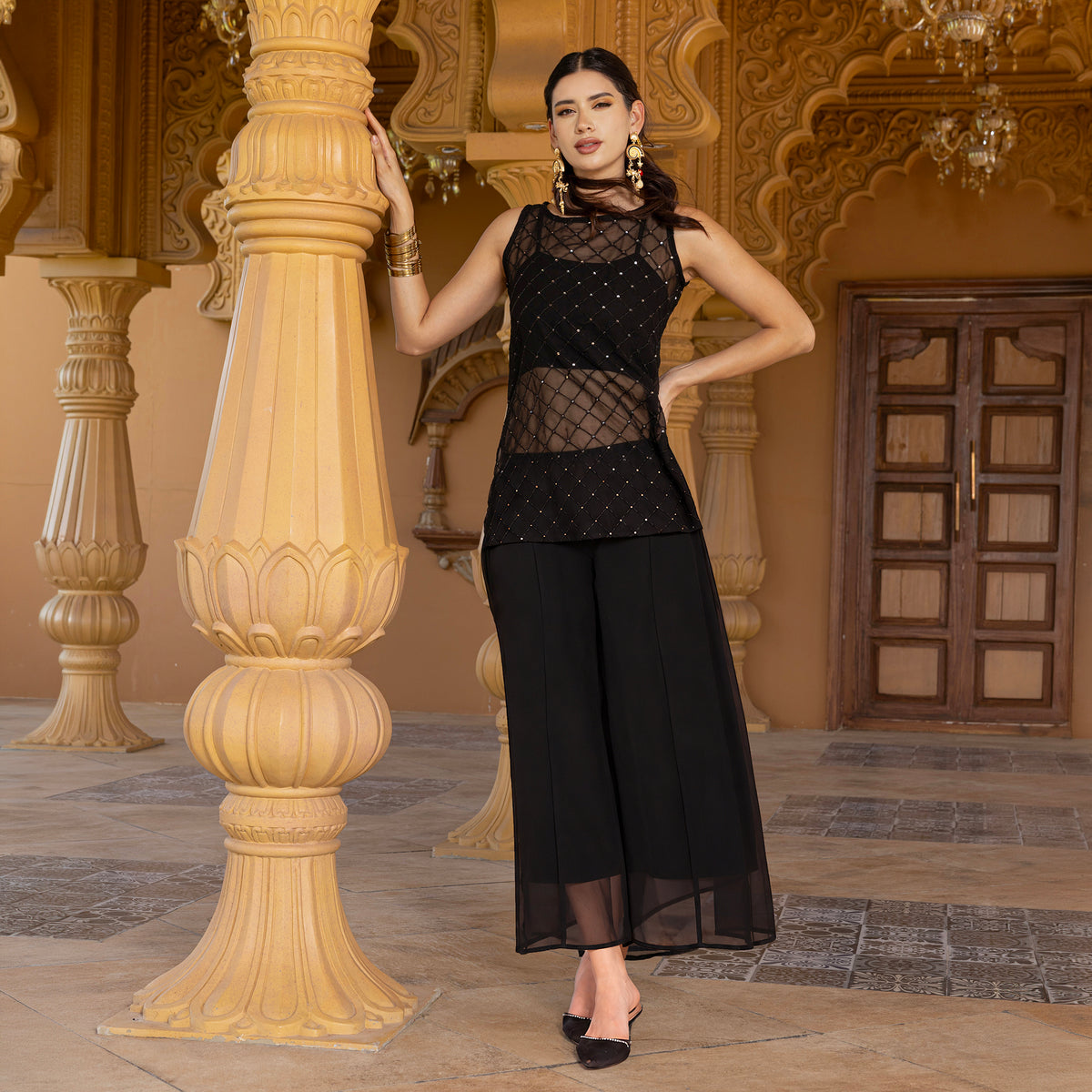 Sequin Embroidered coord set with palazzos