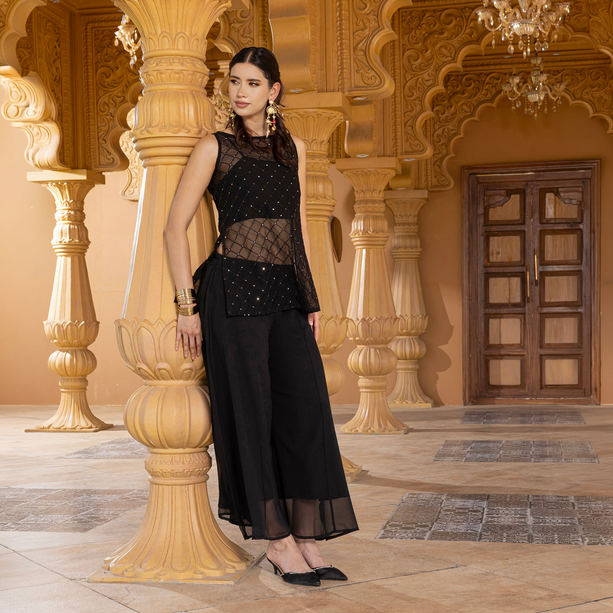 Sequin Embroidered coord set with palazzos