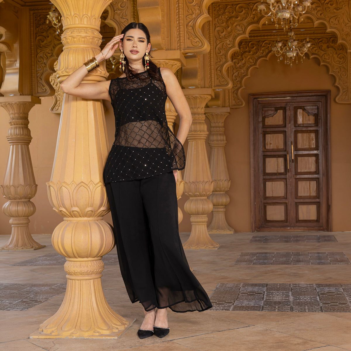 Sequin Embroidered coord set with palazzos
