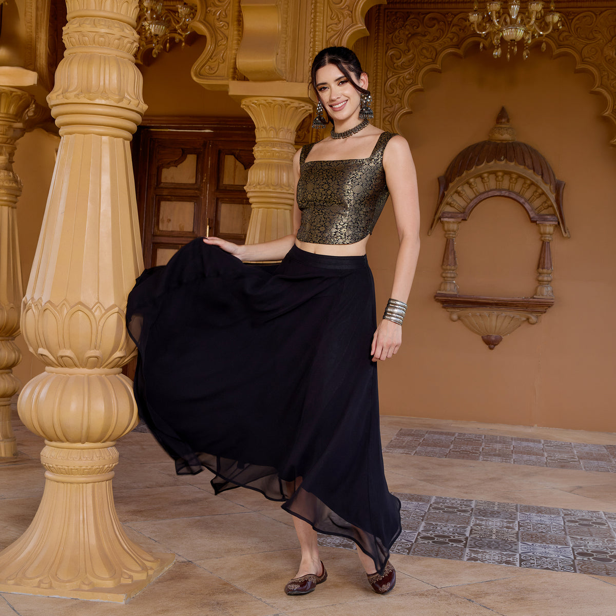 Sleeveless Brocade top with Asymetrical Skirt