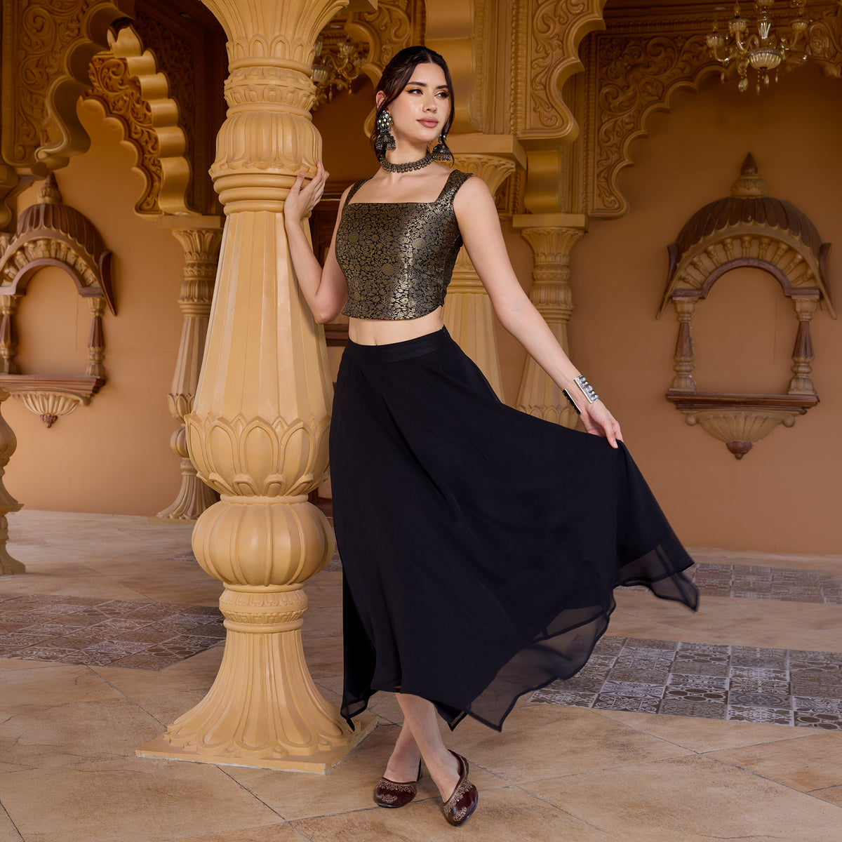 Sleeveless Brocade top with Asymetrical Skirt
