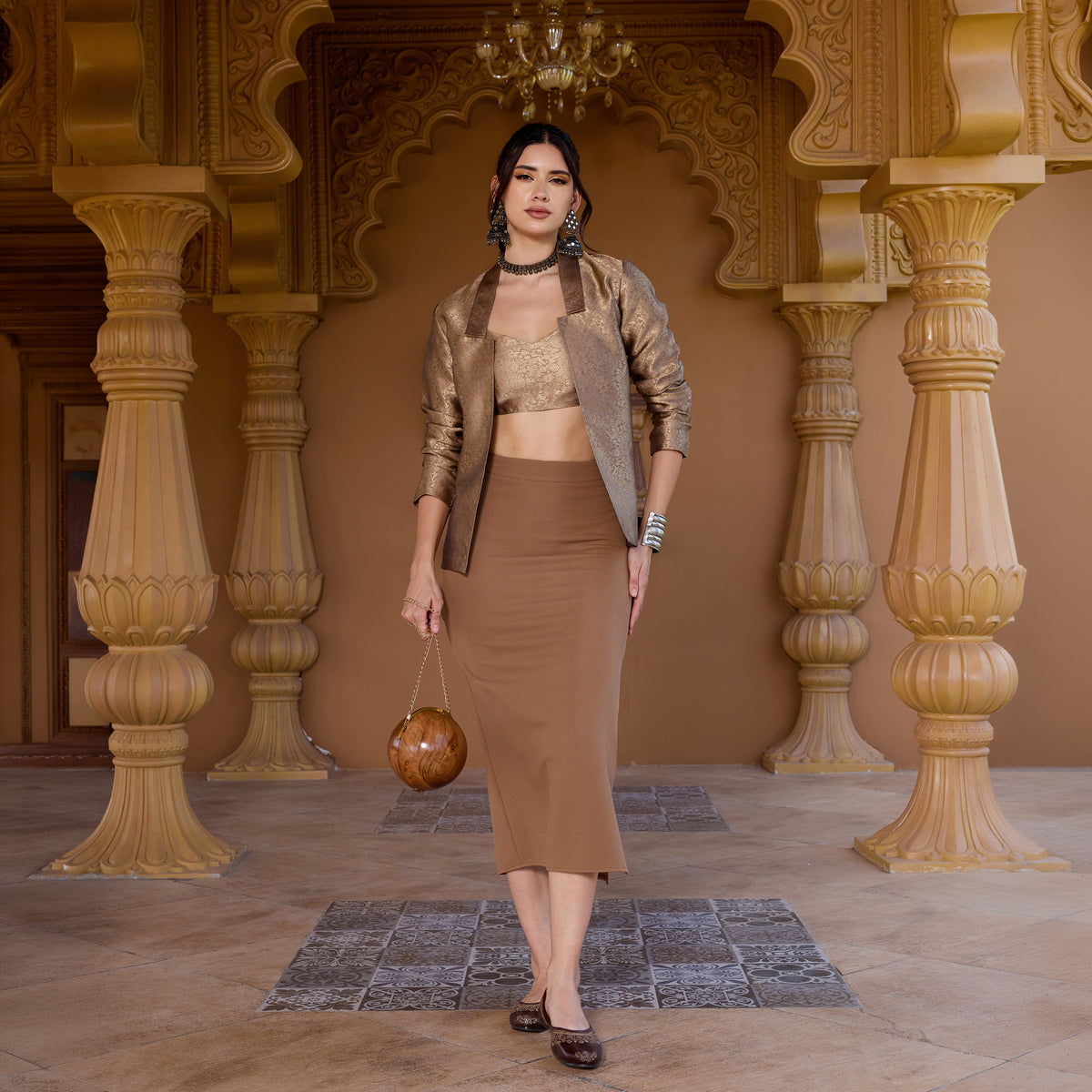 Brocade Coord Set With Fitted Skirt