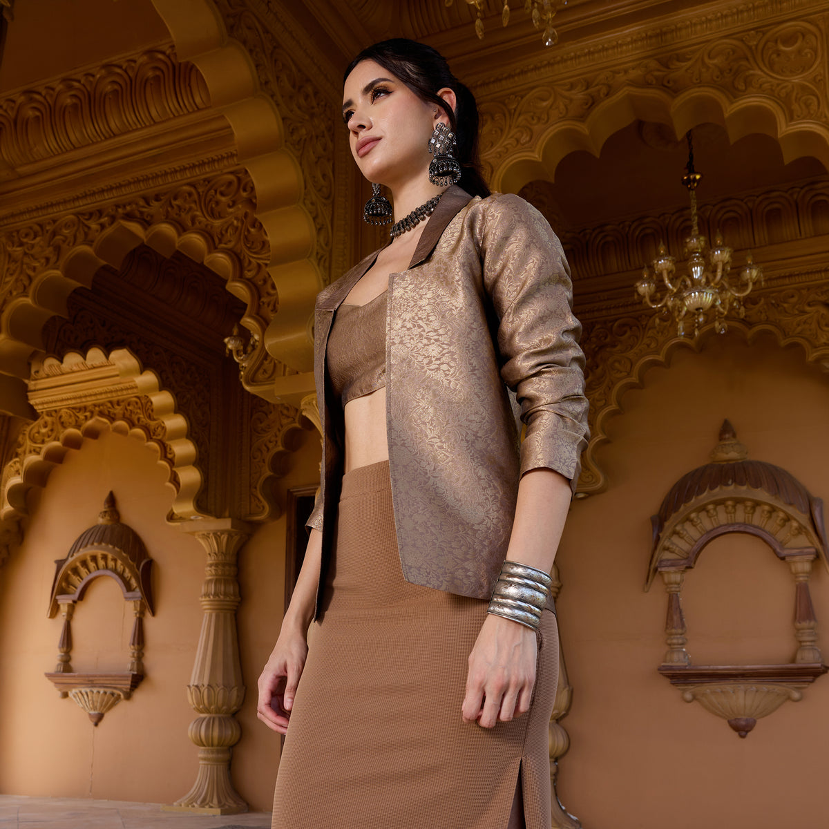 Brocade Coord Set With Fitted Skirt