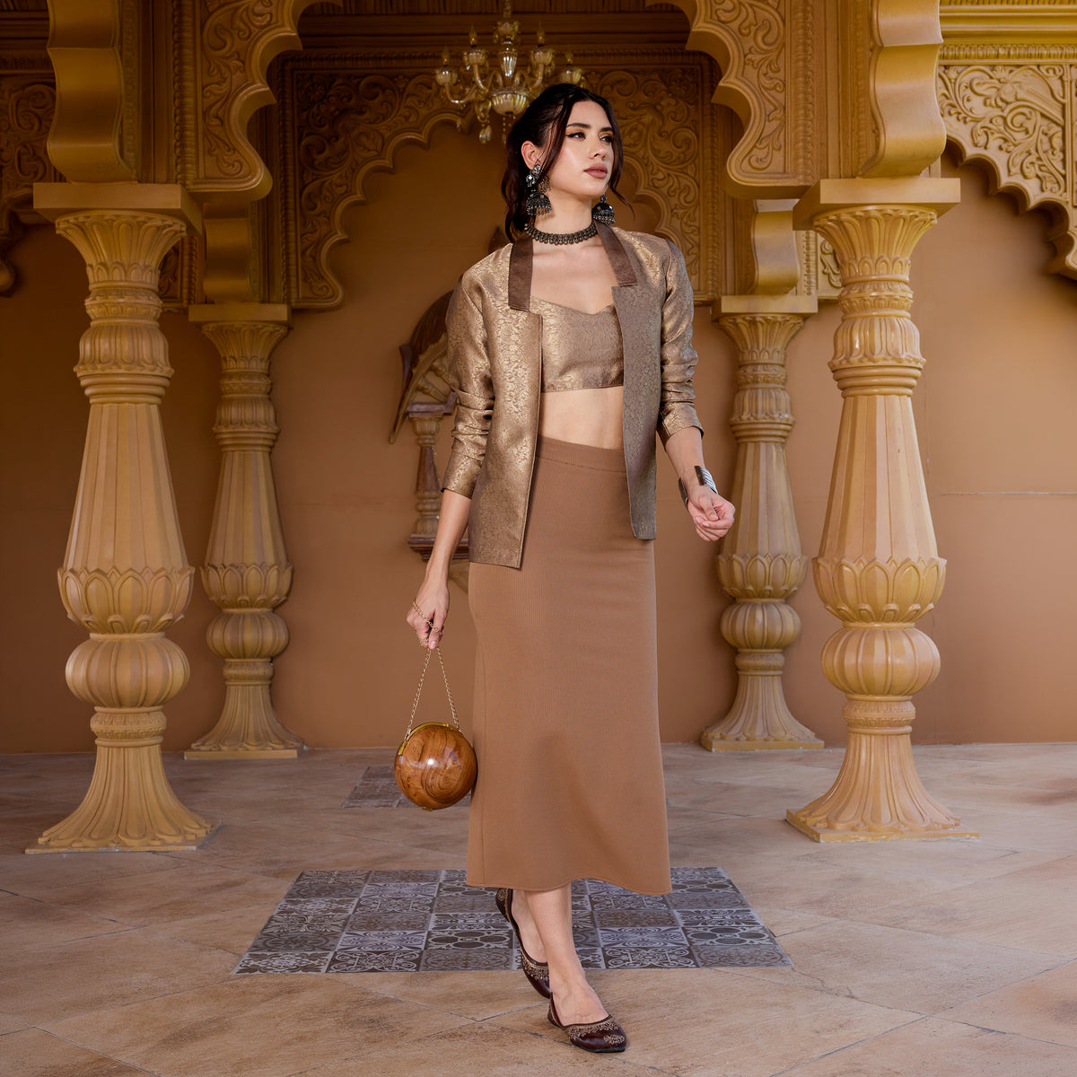 Brocade Coord Set With Fitted Skirt