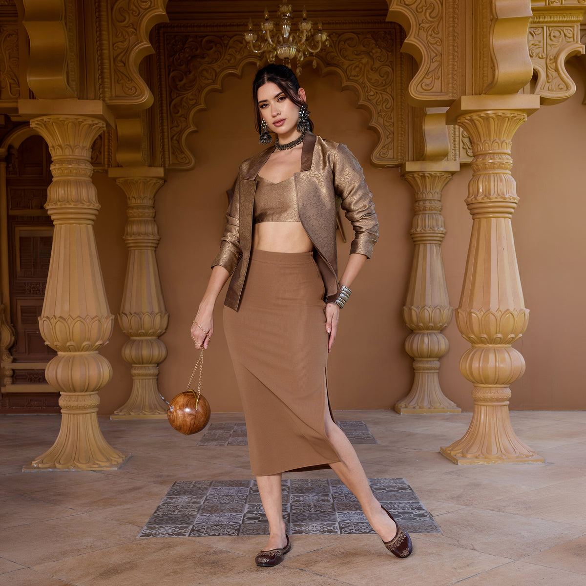 Brocade Coord Set With Fitted Skirt