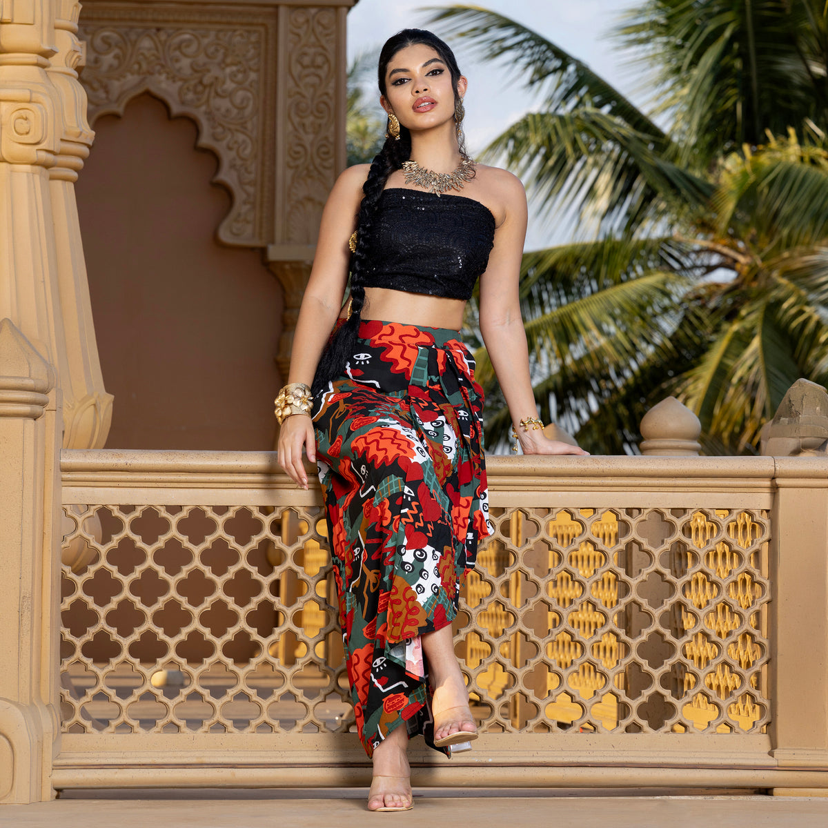 Off Shoulder Coord Set With Printed Skirt