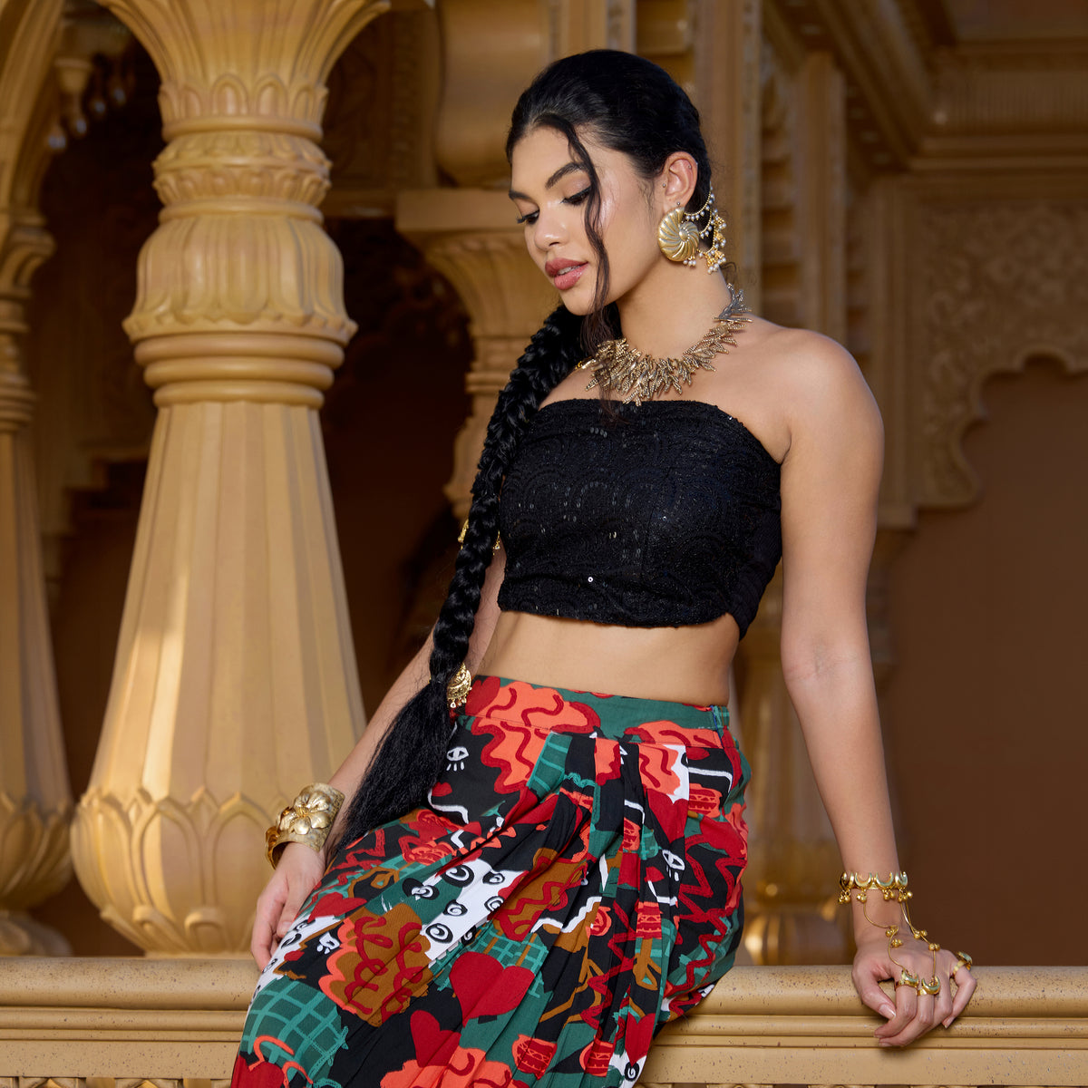 Off Shoulder Coord Set With Printed Skirt