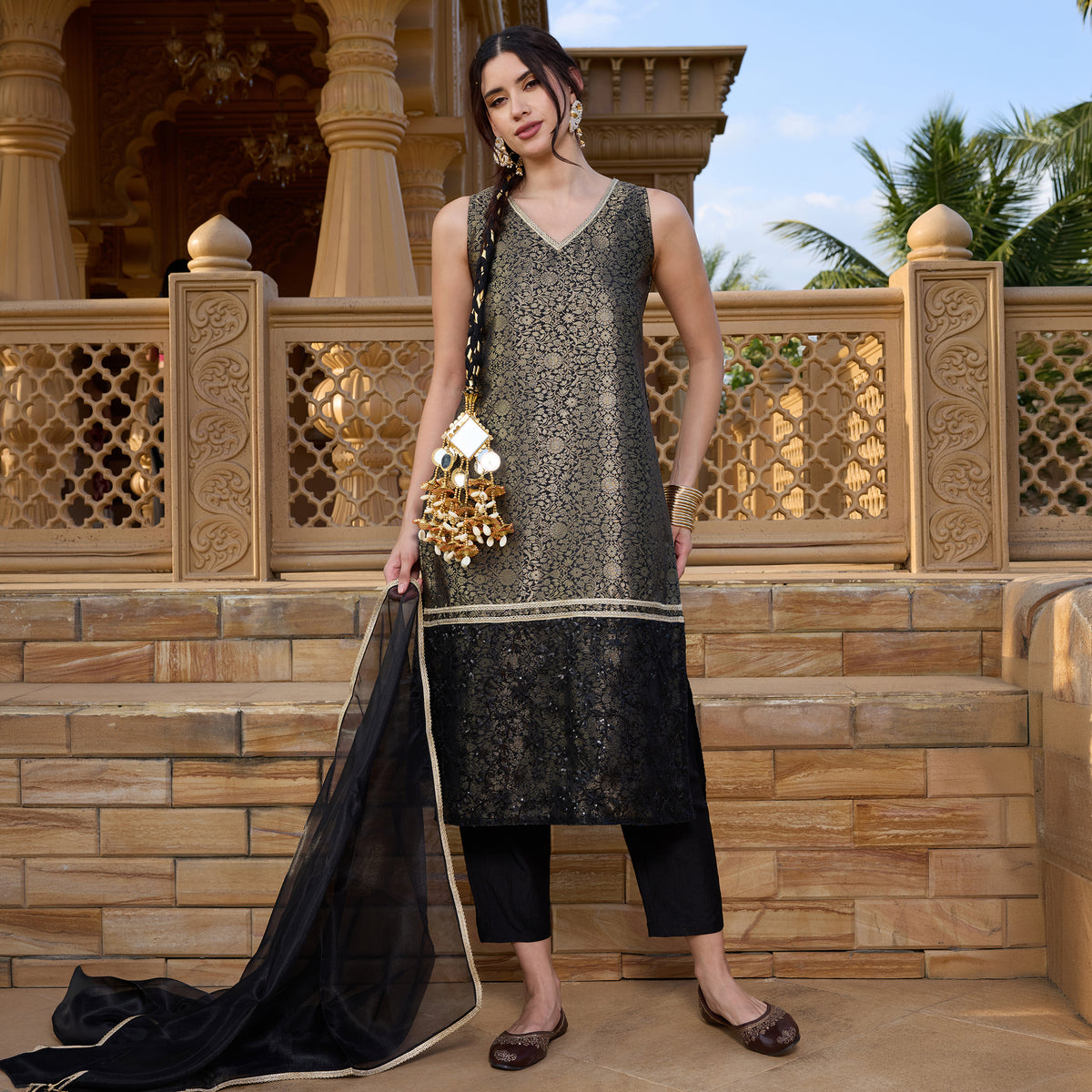 Brocade kurta with trousers and dupatta