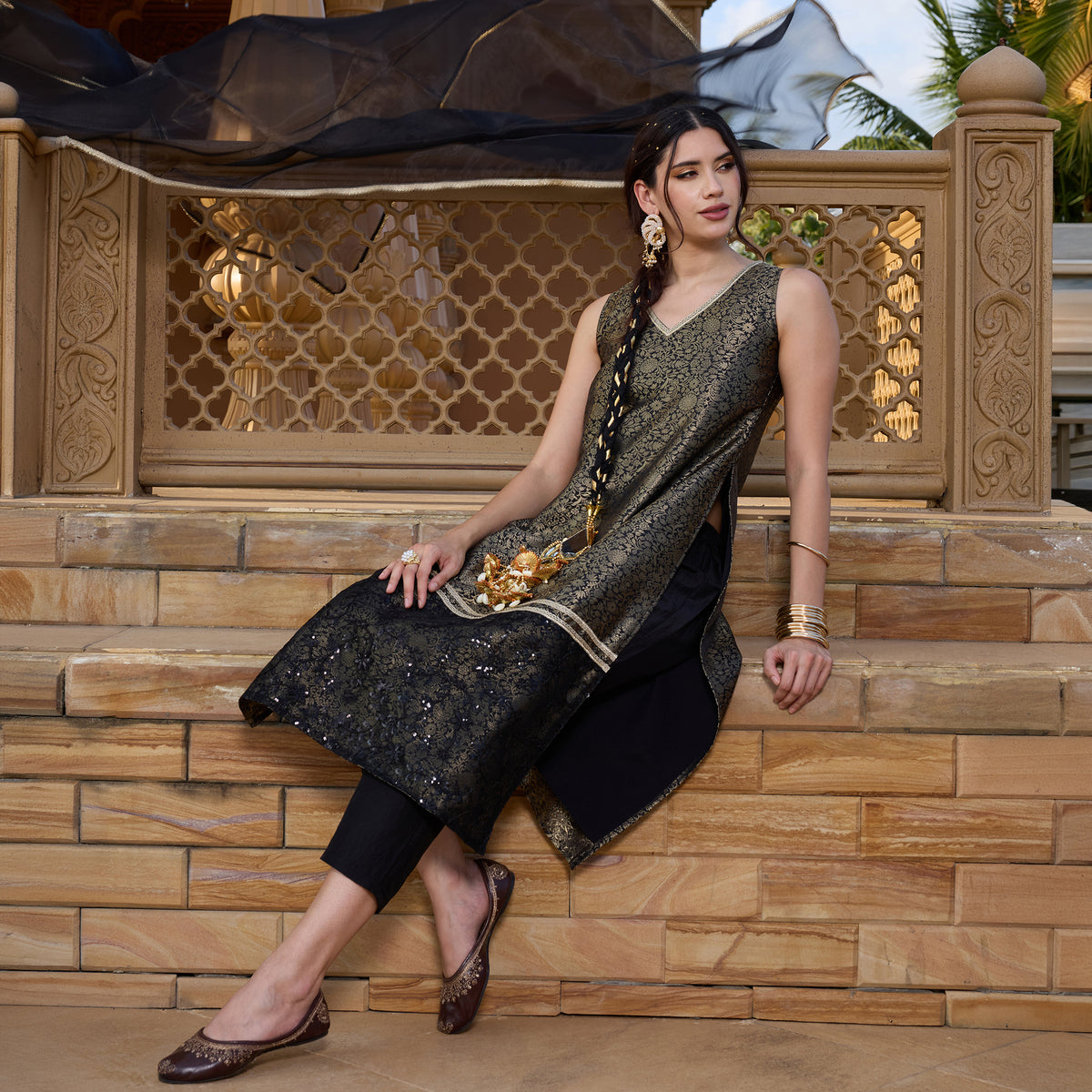 Brocade kurta with trousers and dupatta
