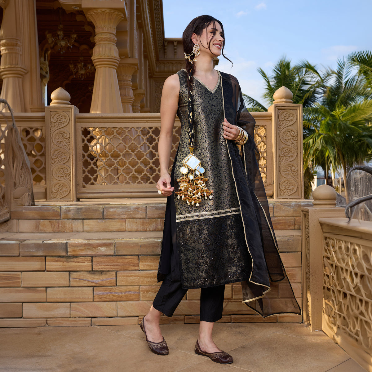 Brocade kurta with trousers and dupatta