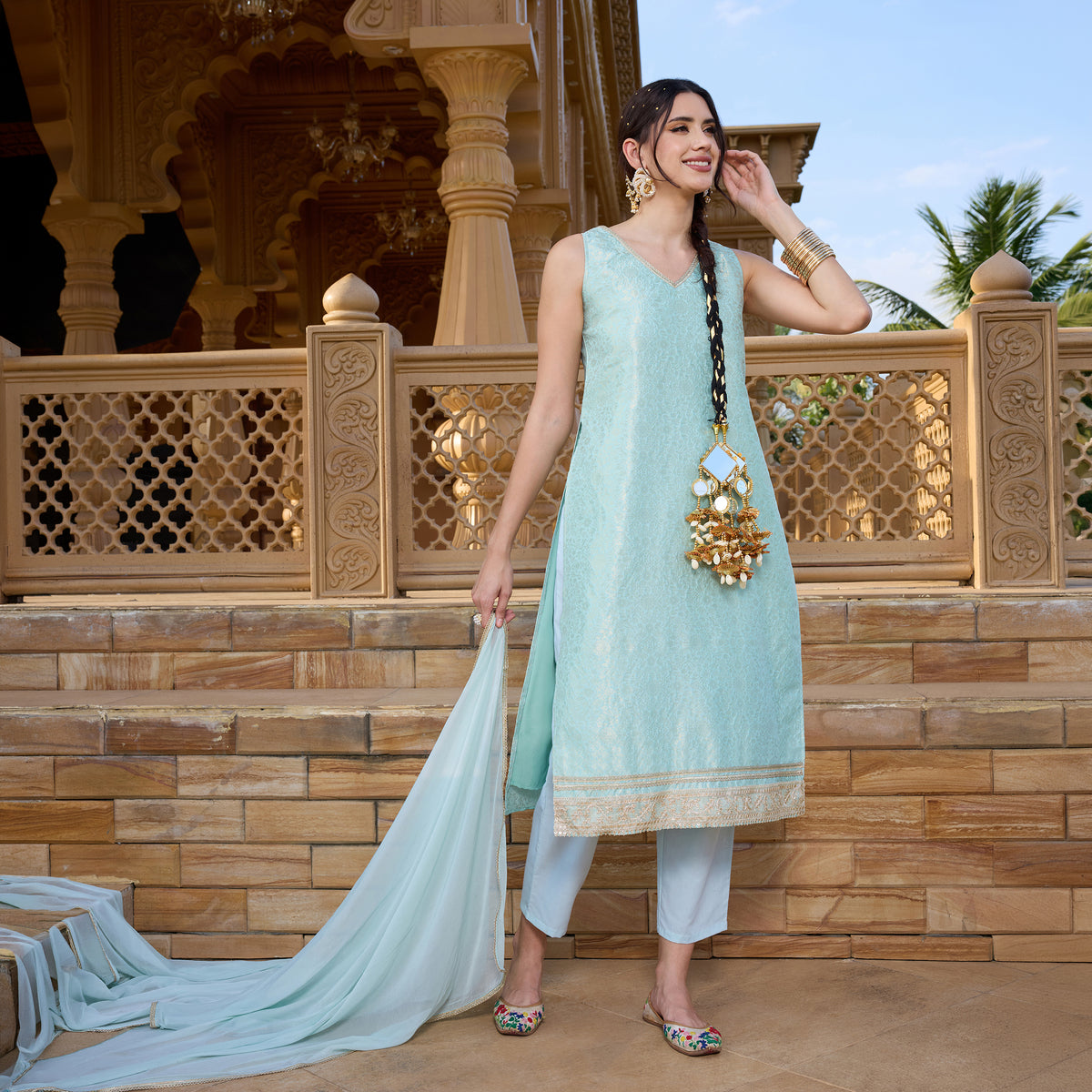 Brocade kurta with trousers and dupatta