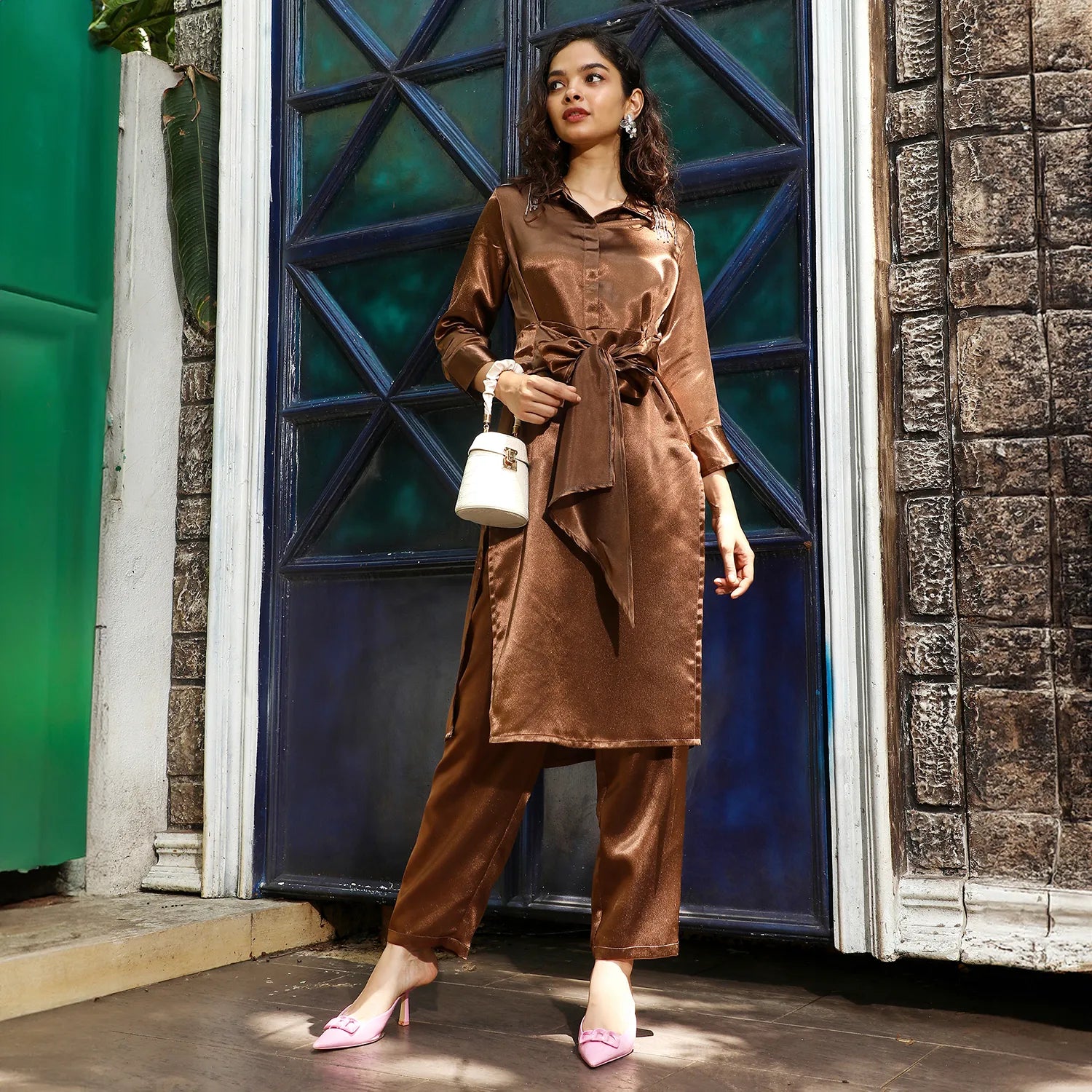 Satin Tie-Up Kurta With Trousers