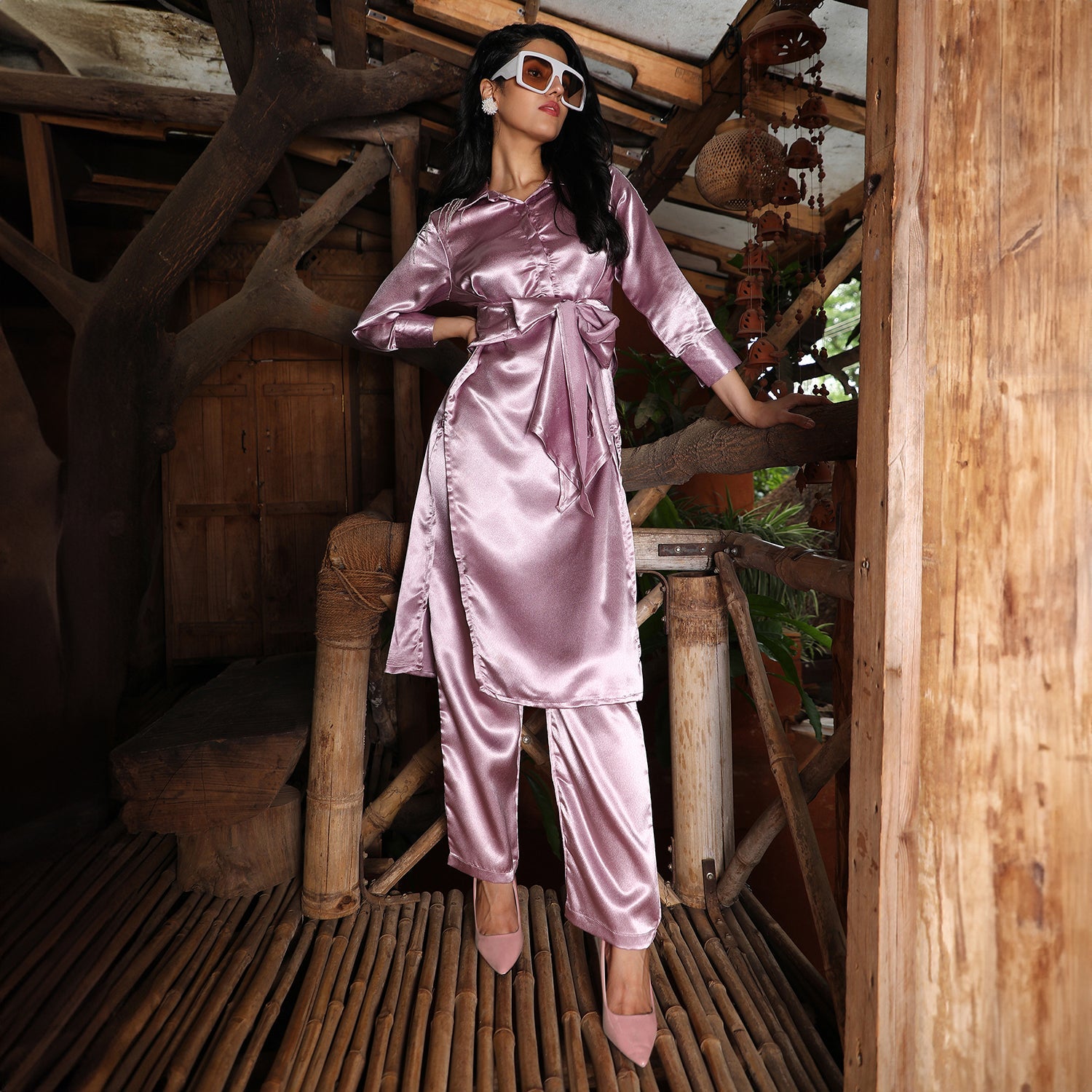 Satin Tie-Up Kurta With Trousers