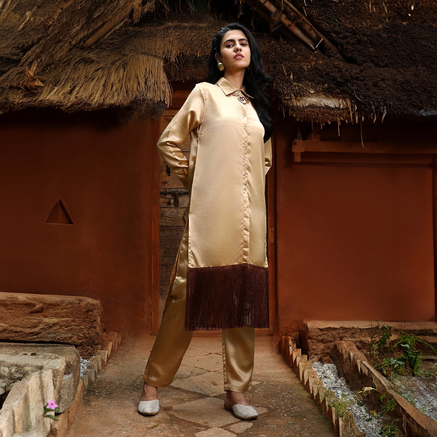 Fringed Block Kurta With Trousers