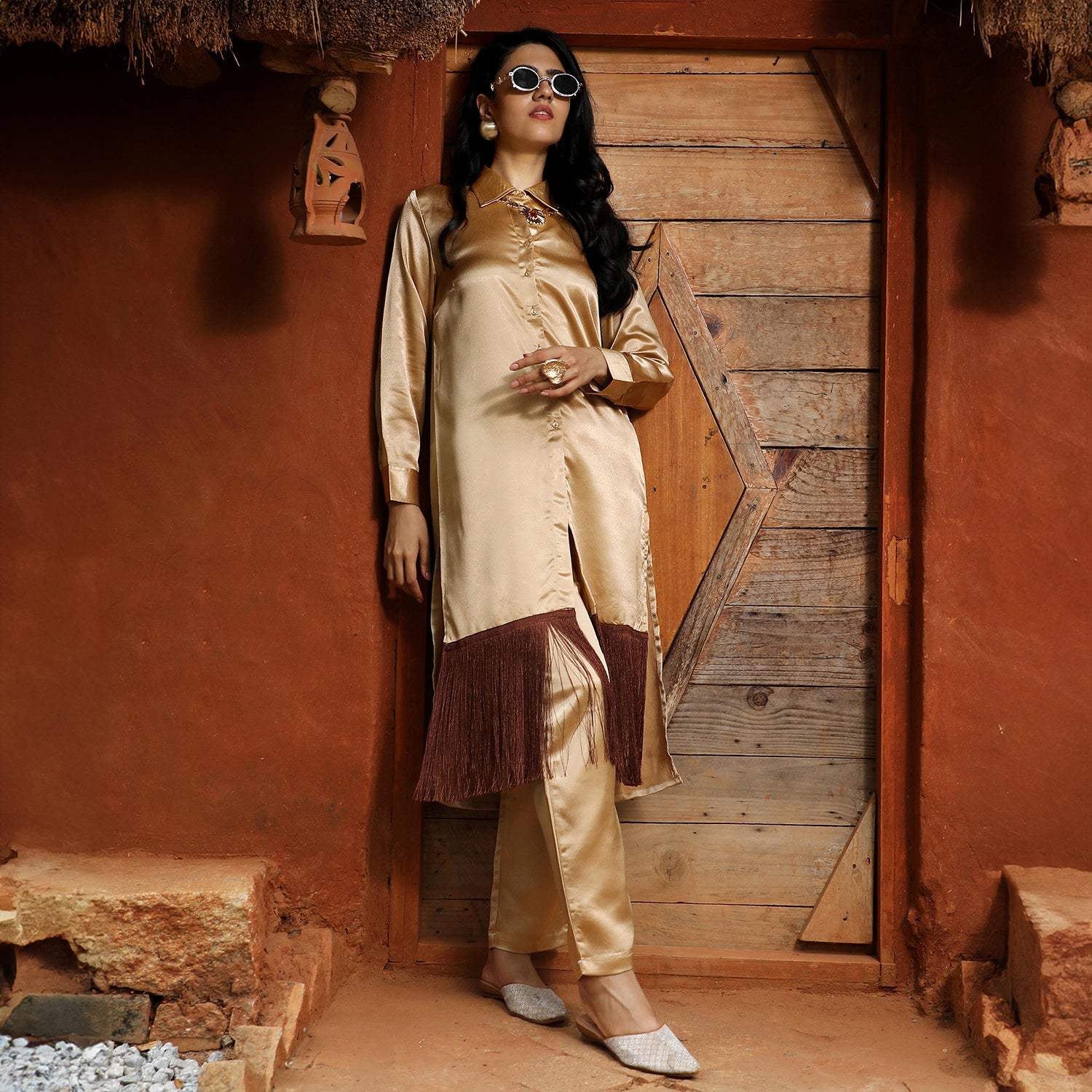 Fringed Block Kurta With Trousers