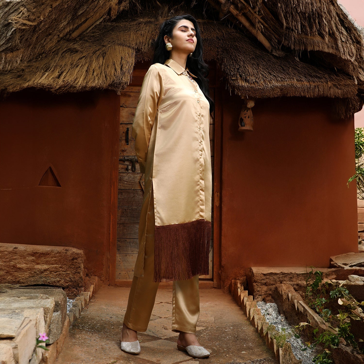 Fringed Block Kurta With Trousers