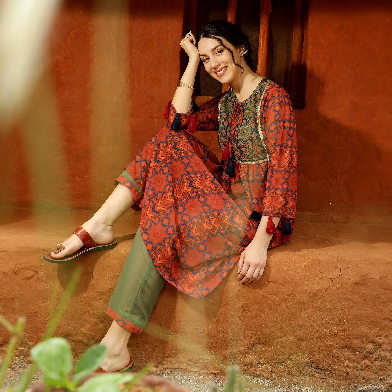 Geometric Block Kurta With Trousers