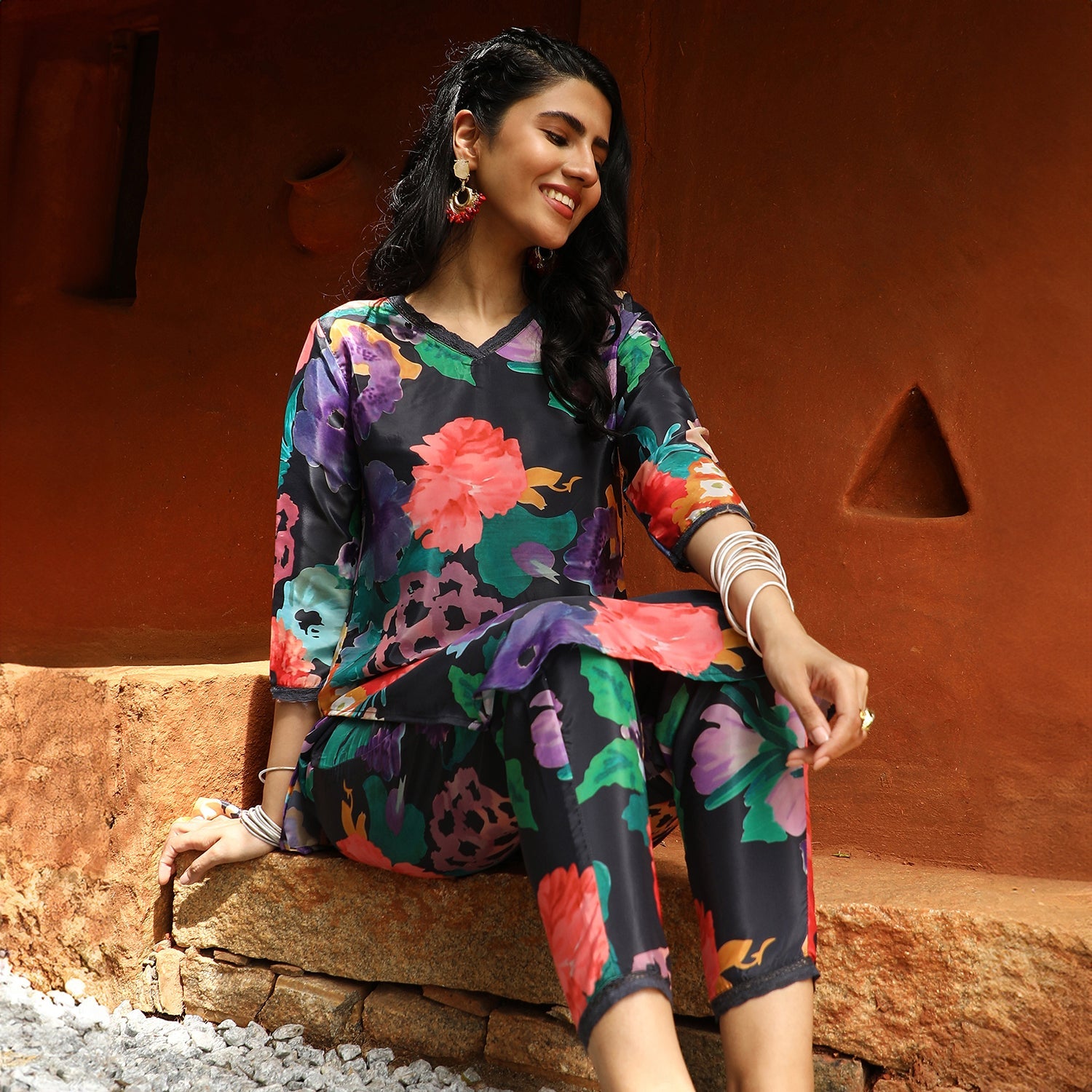 Botanical Cluster Kurti With Trousers