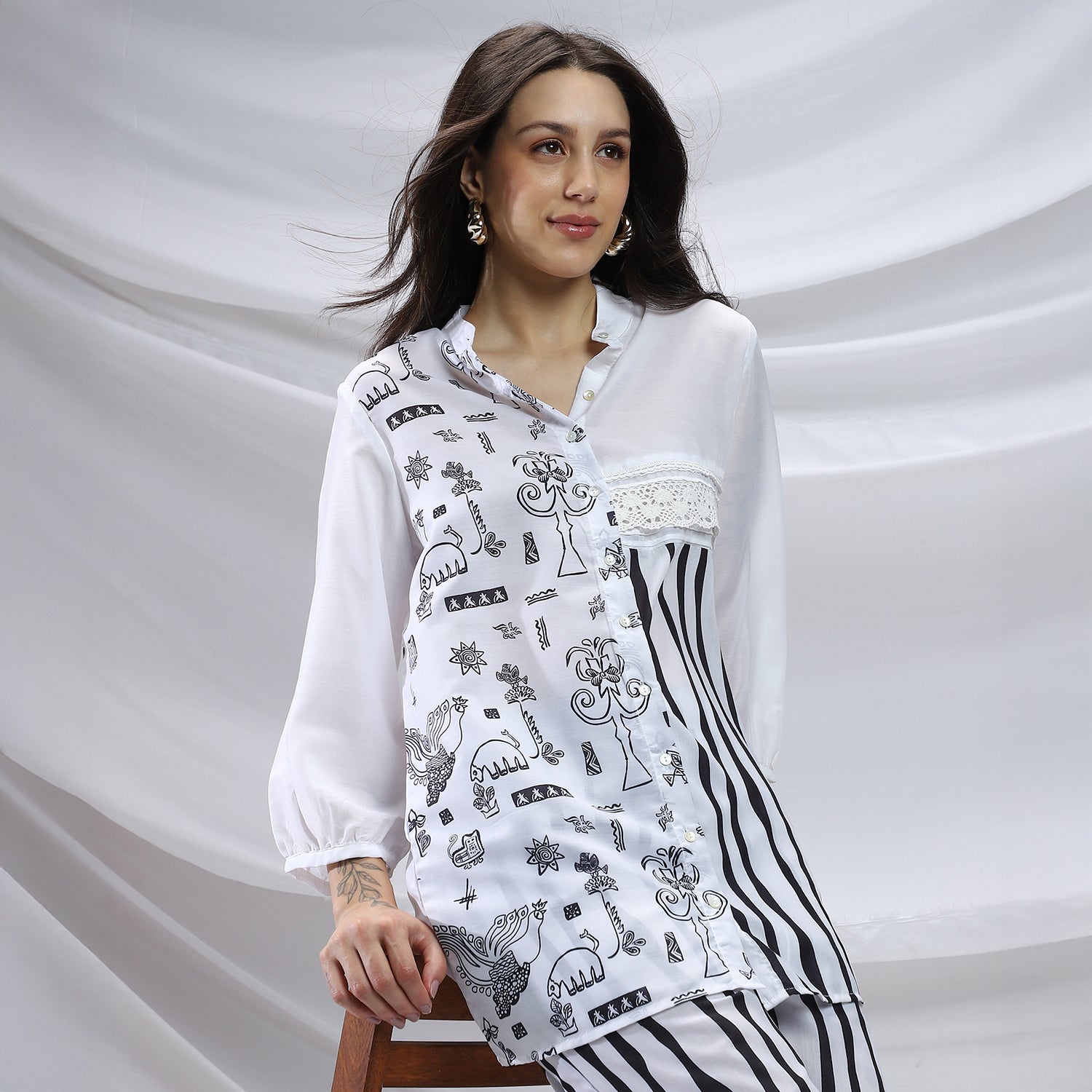 Striped Block Print Kurti With Trousers