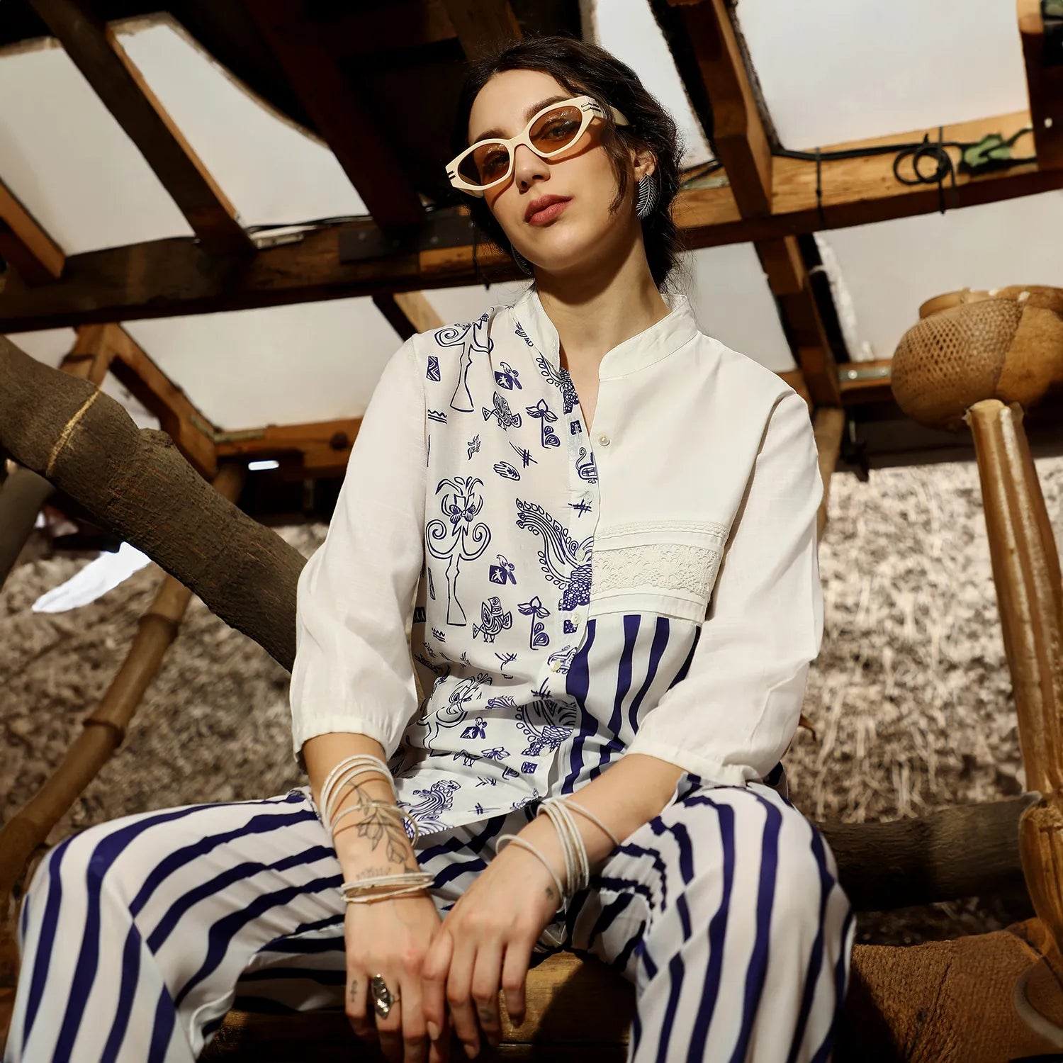 Striped Block Print Kurti With Trousers