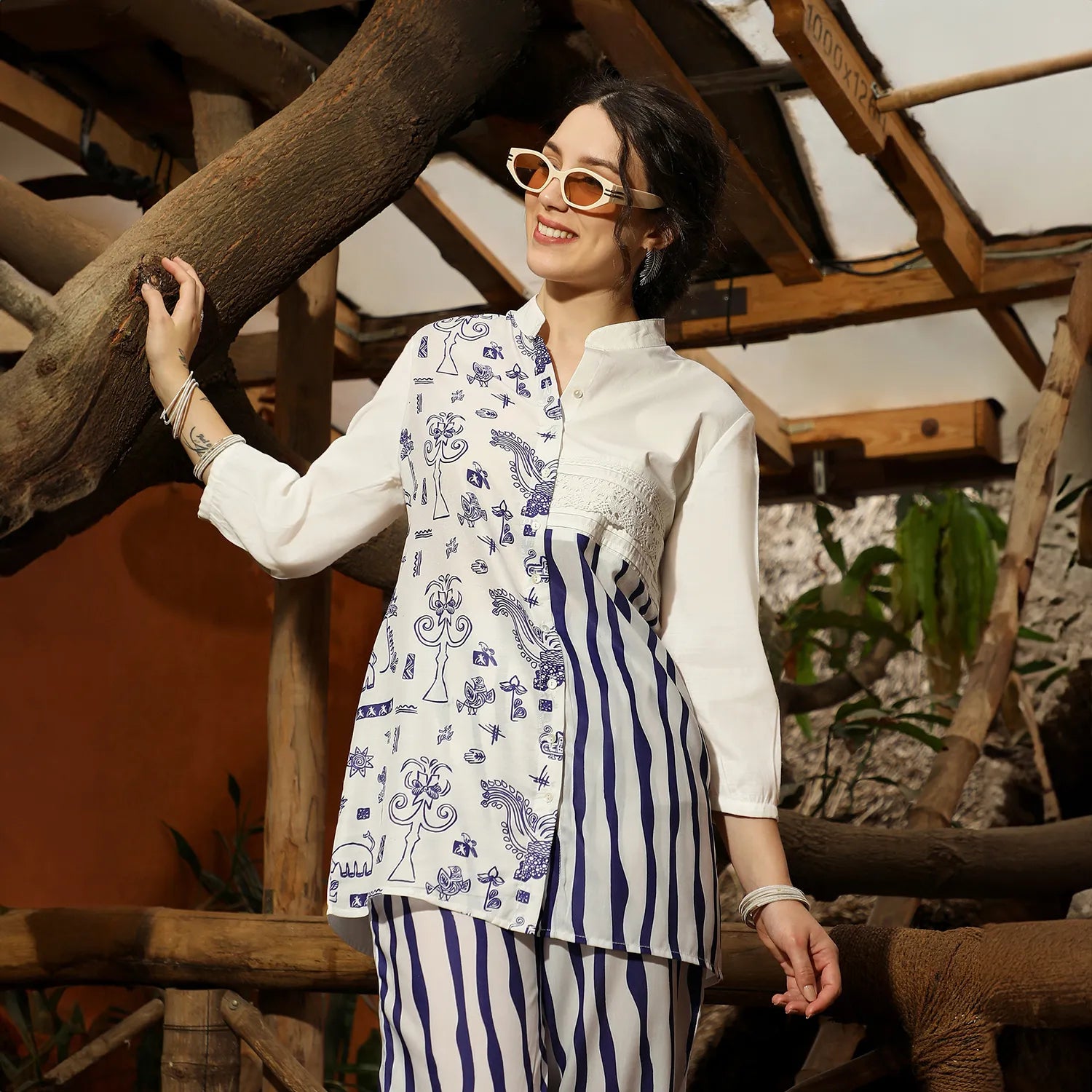 Striped Block Print Kurti With Trousers