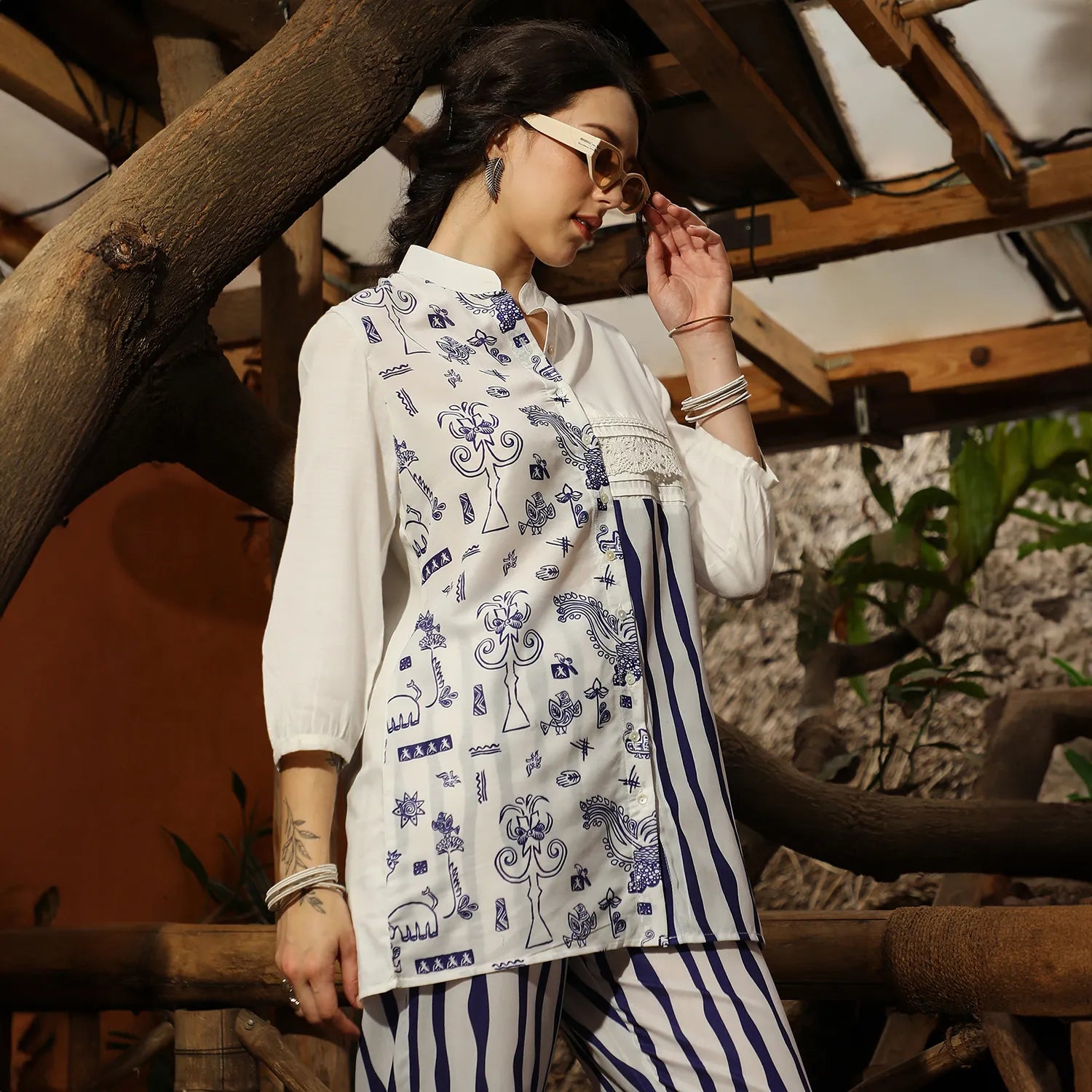 Striped Block Print Kurti With Trousers