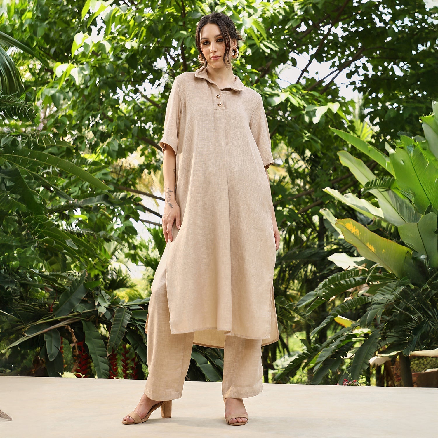 Solid Linen-Blend Kurta Set