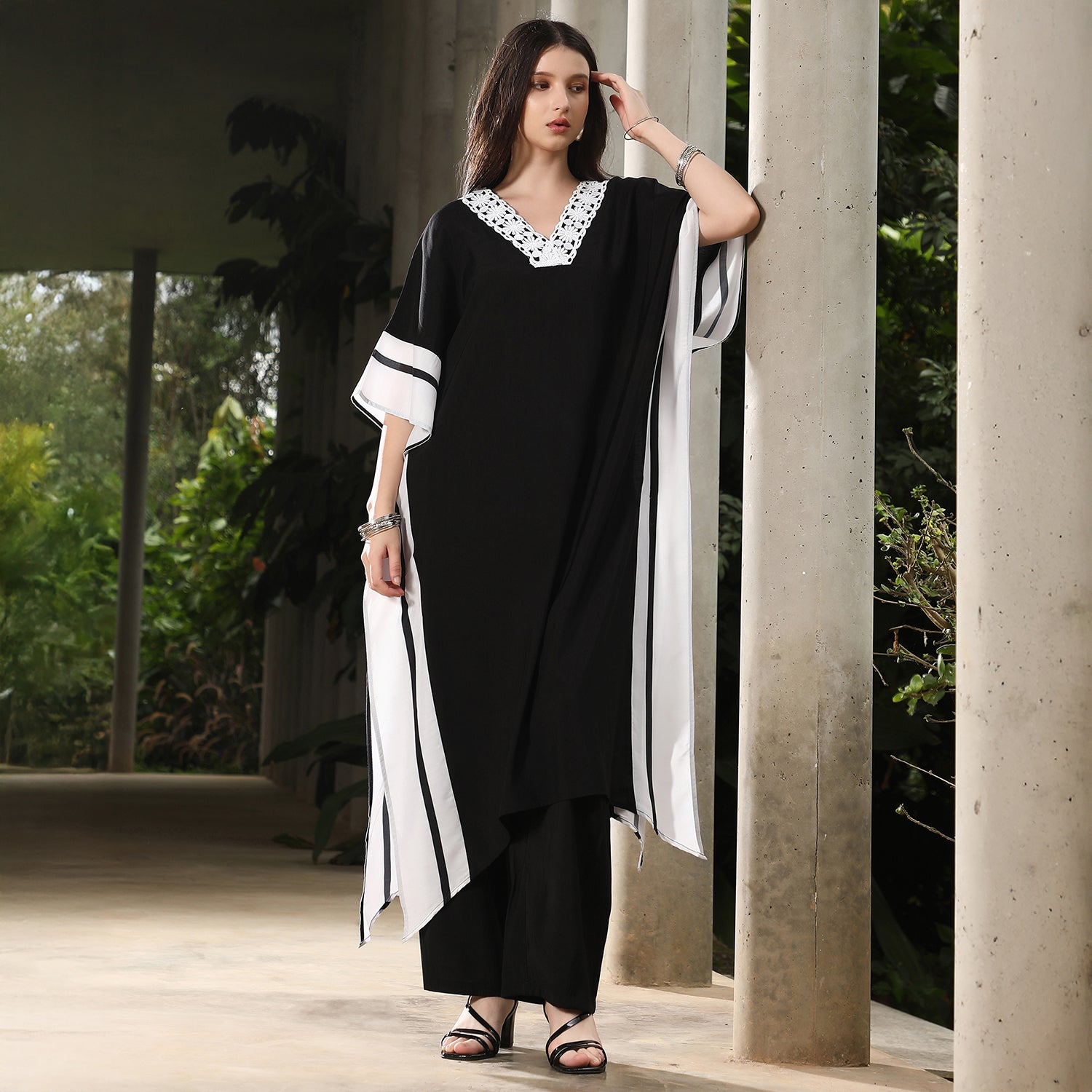Panel-Striped Kaftan Kurta Set