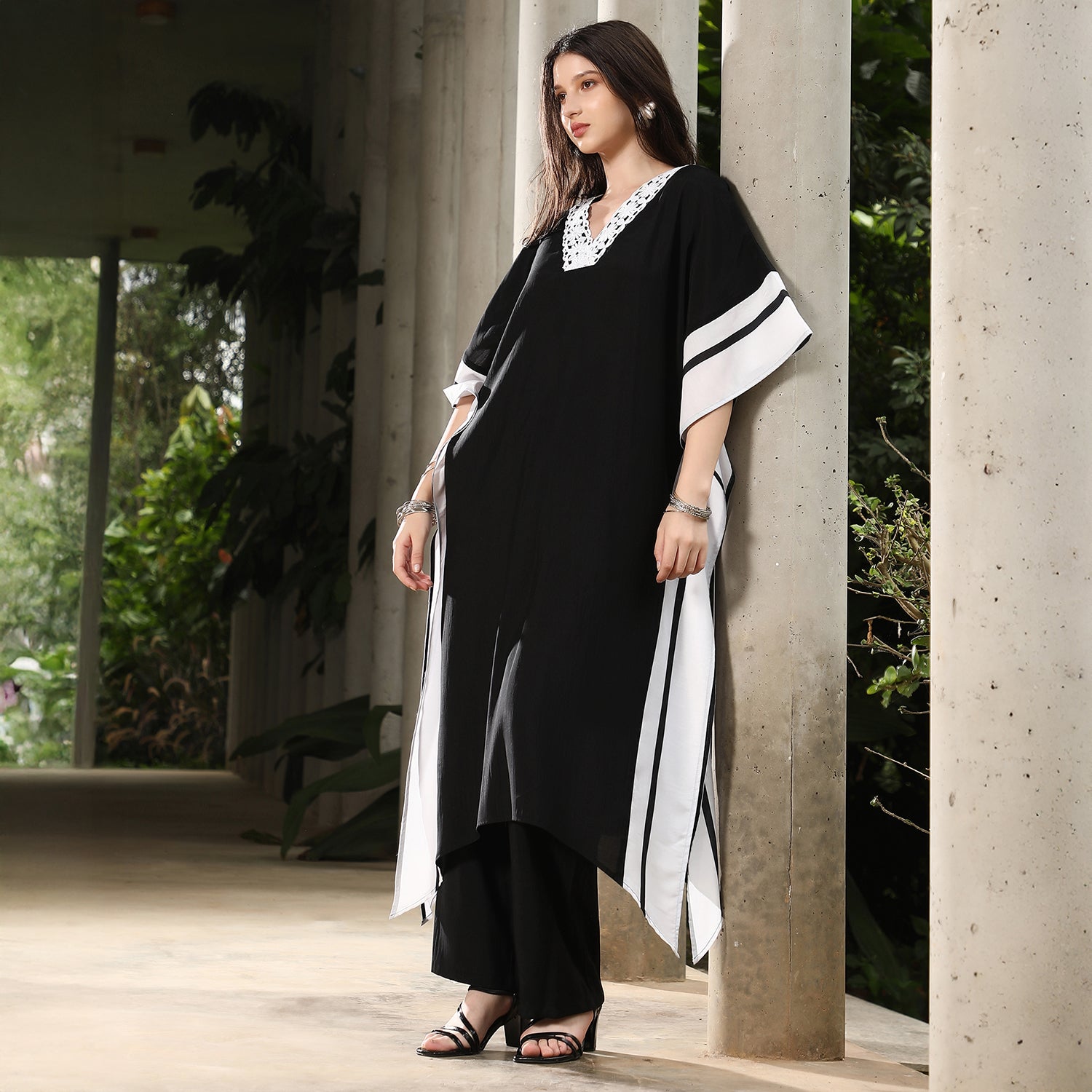 Panel-Striped Kaftan Kurta Set