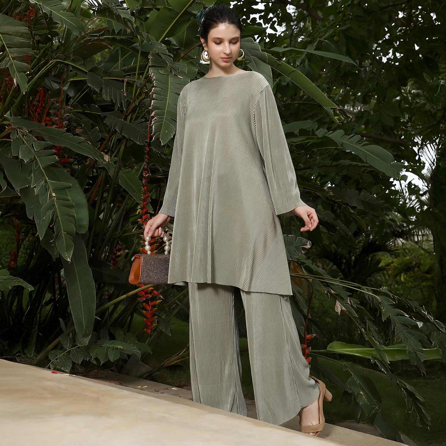 Solid Pleated Kurta Set