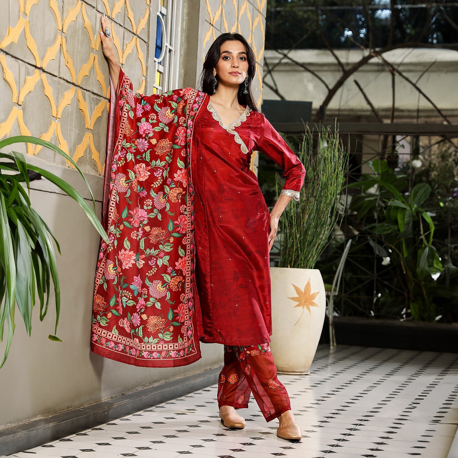 Botanical Block Kurta With Trousers & Dupatta