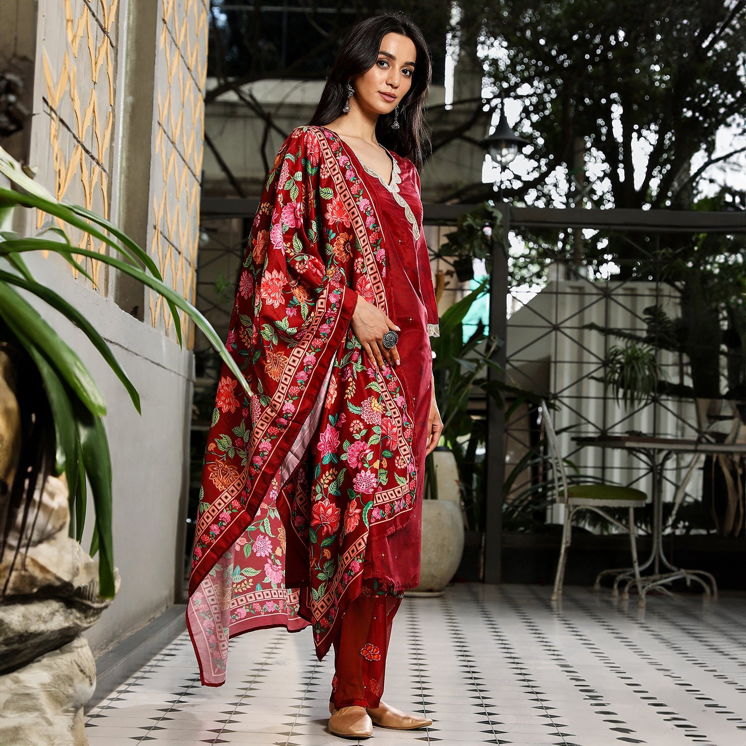 Botanical Block Kurta With Trousers & Dupatta