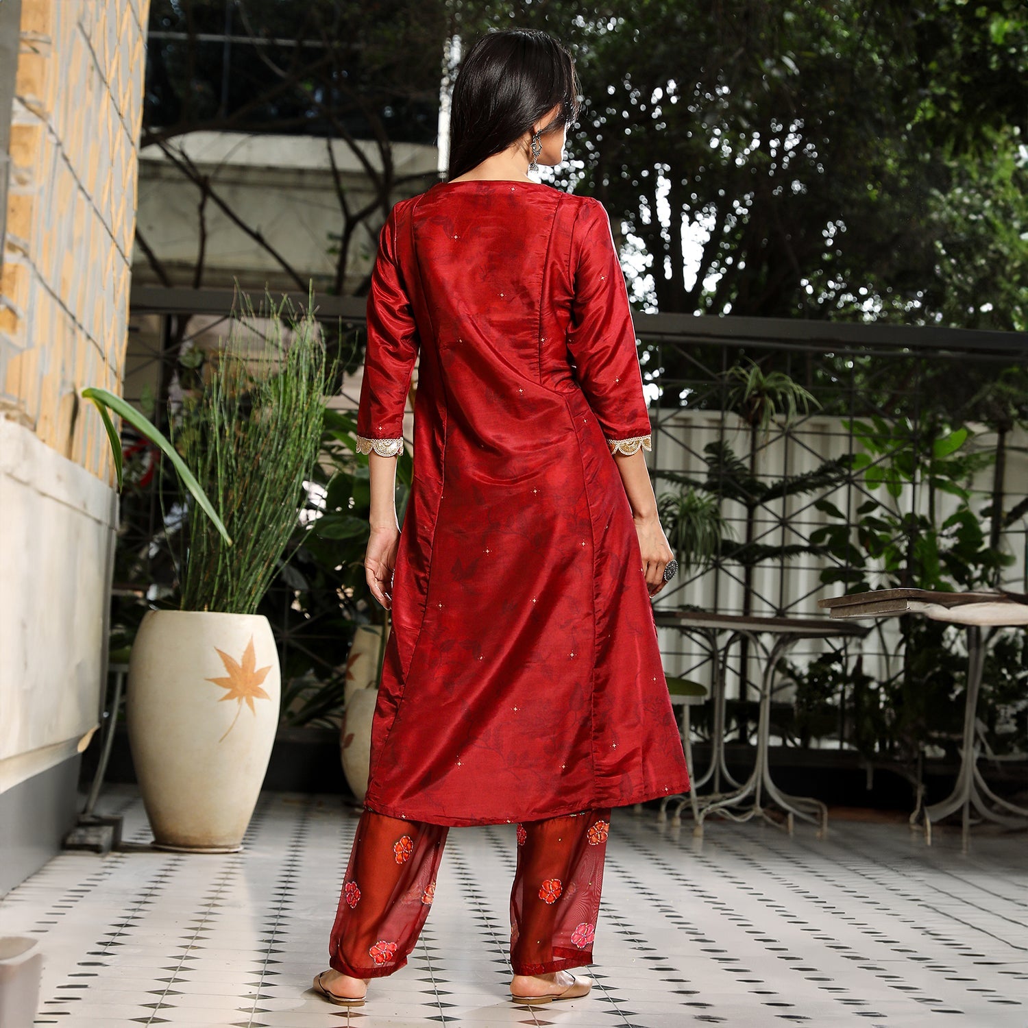 Botanical Block Kurta With Trousers & Dupatta