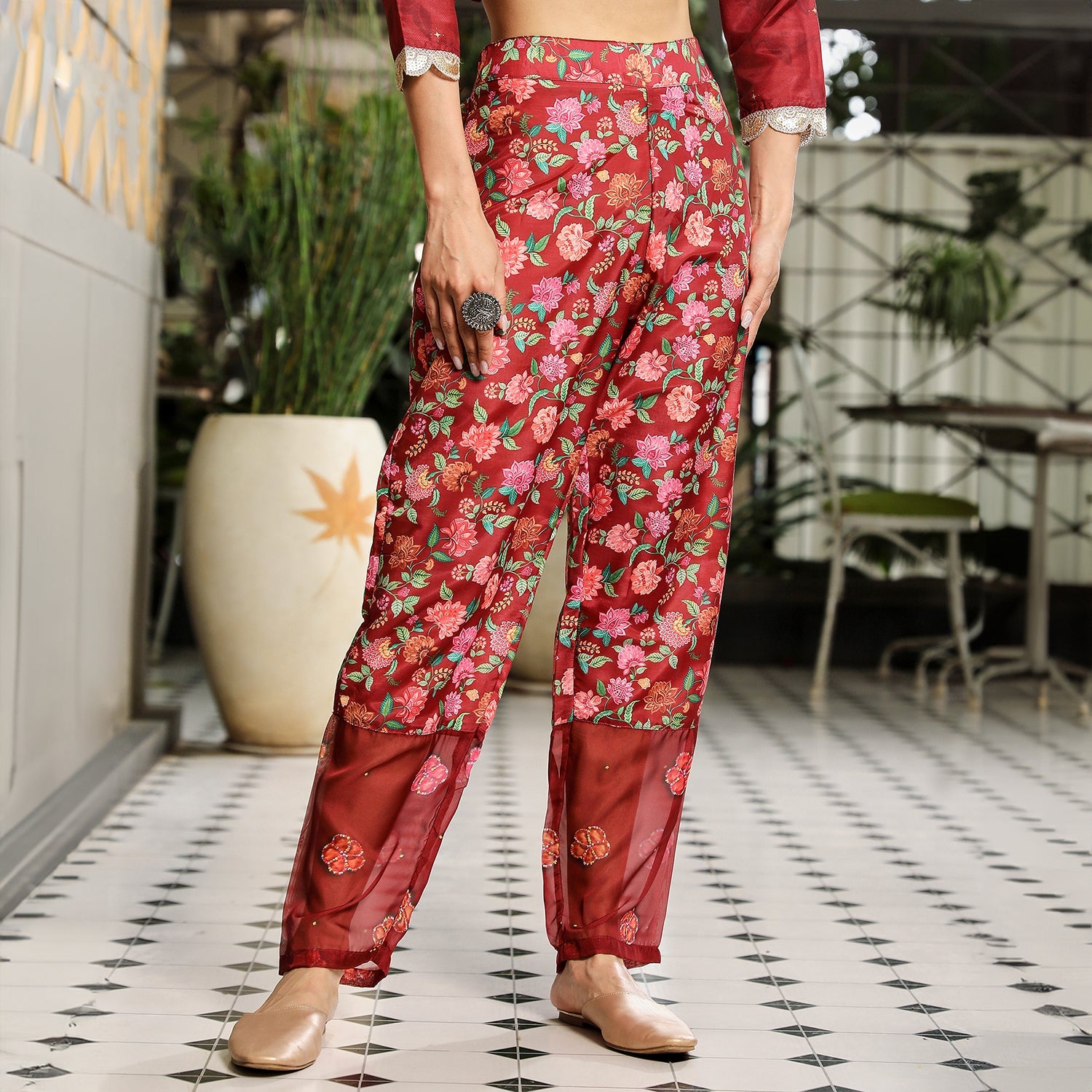 Botanical Block Kurta With Trousers & Dupatta