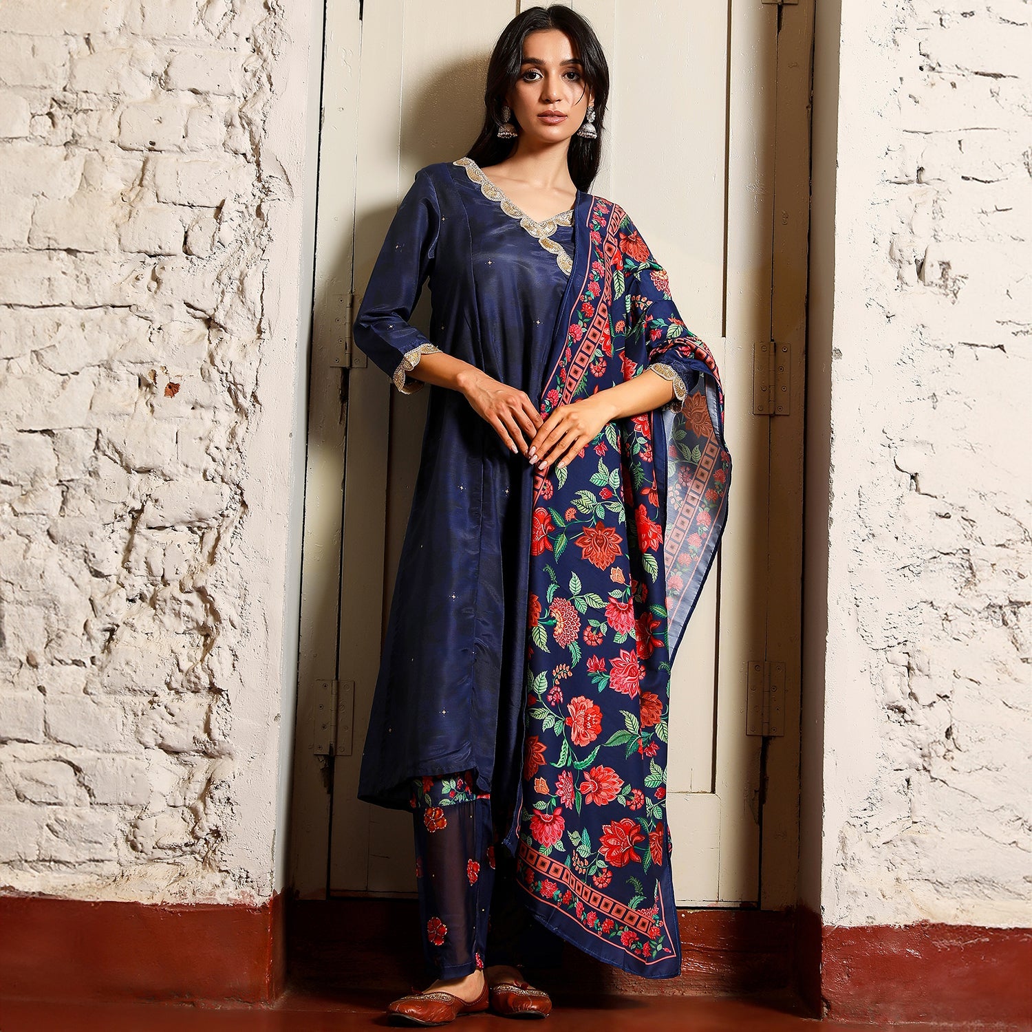 Botanical Block Kurta With Trousers & Dupatta