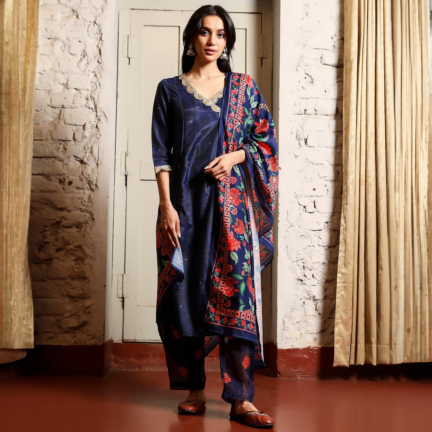 Botanical Block Kurta With Trousers & Dupatta