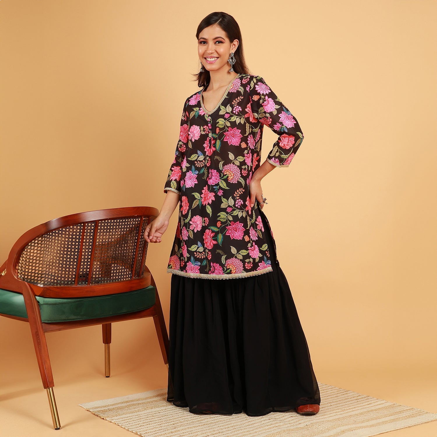 Botanical Cluster Kurti With Sharara & Dupatta