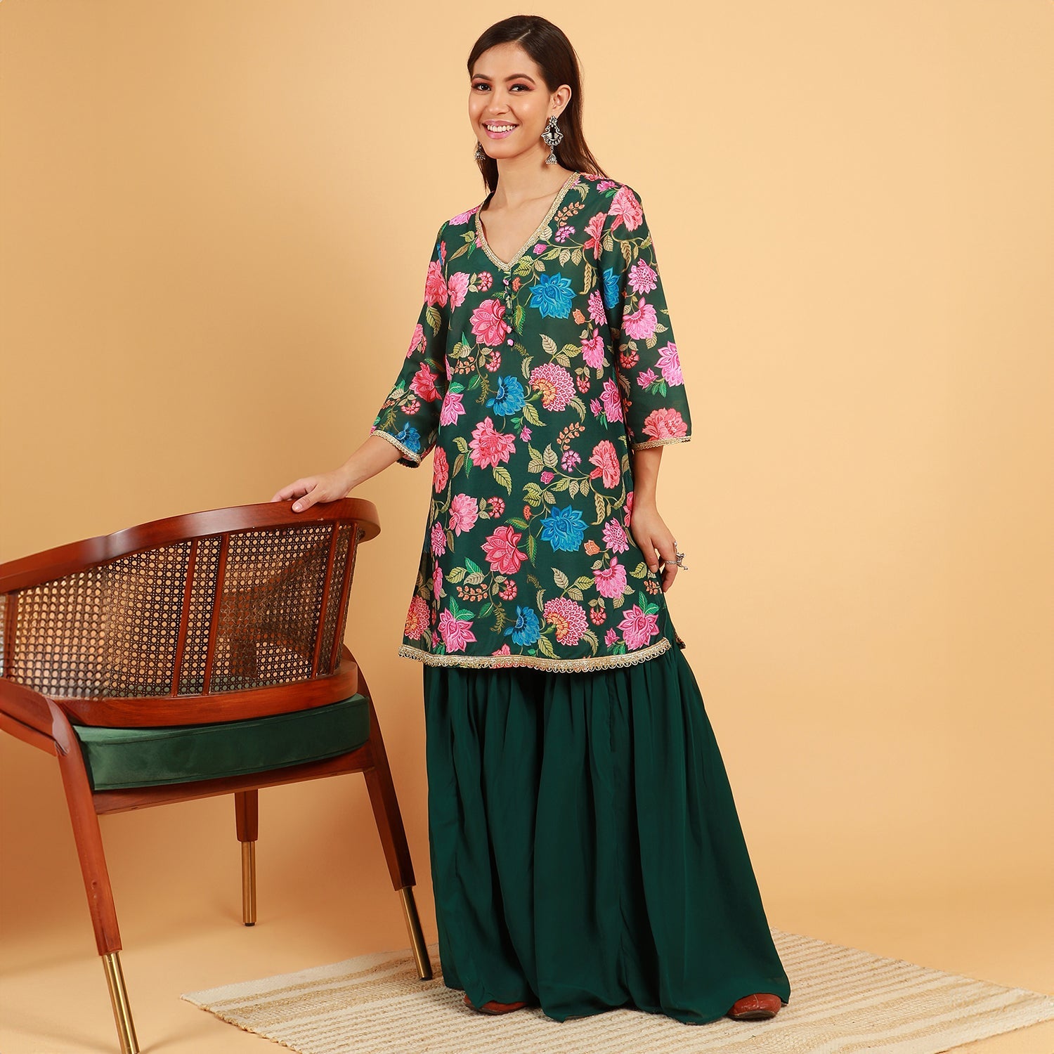 Botanical Cluster Kurti With Sharara & Dupatta