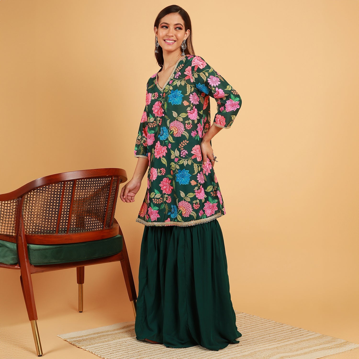 Botanical Cluster Kurti With Sharara & Dupatta