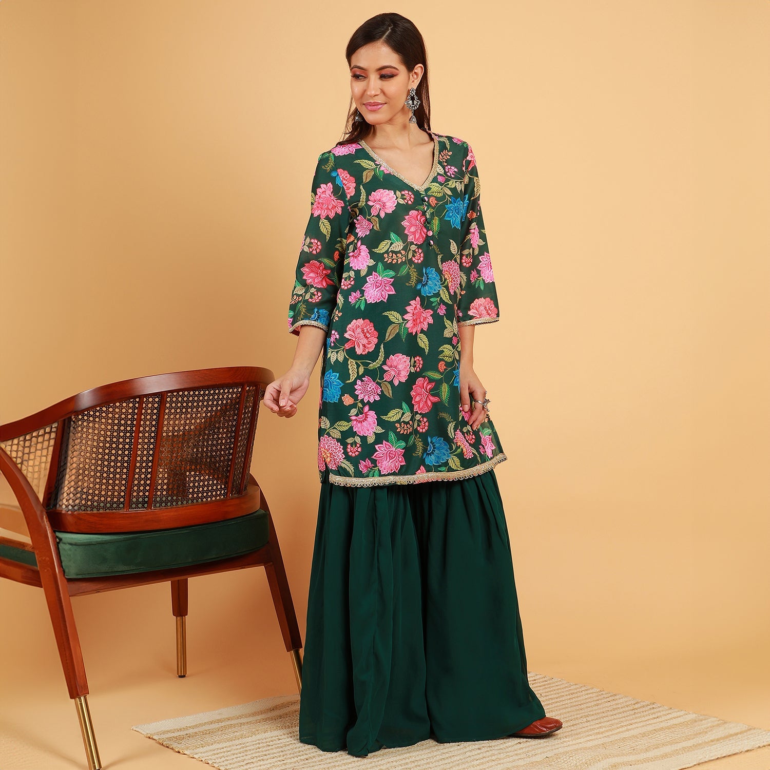 Botanical Cluster Kurti With Sharara & Dupatta