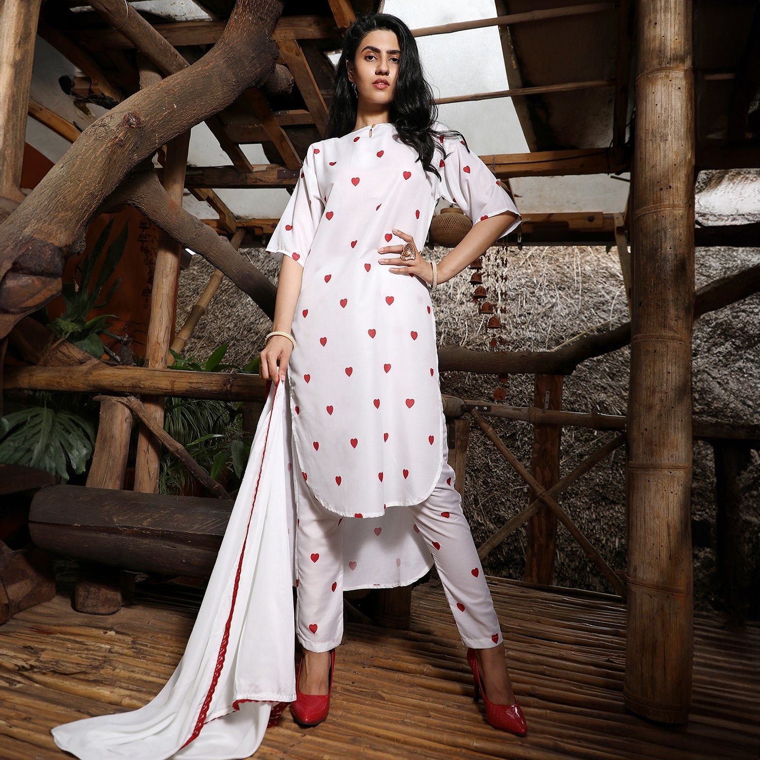 Hearts Kurta With Trousers And Dupatta