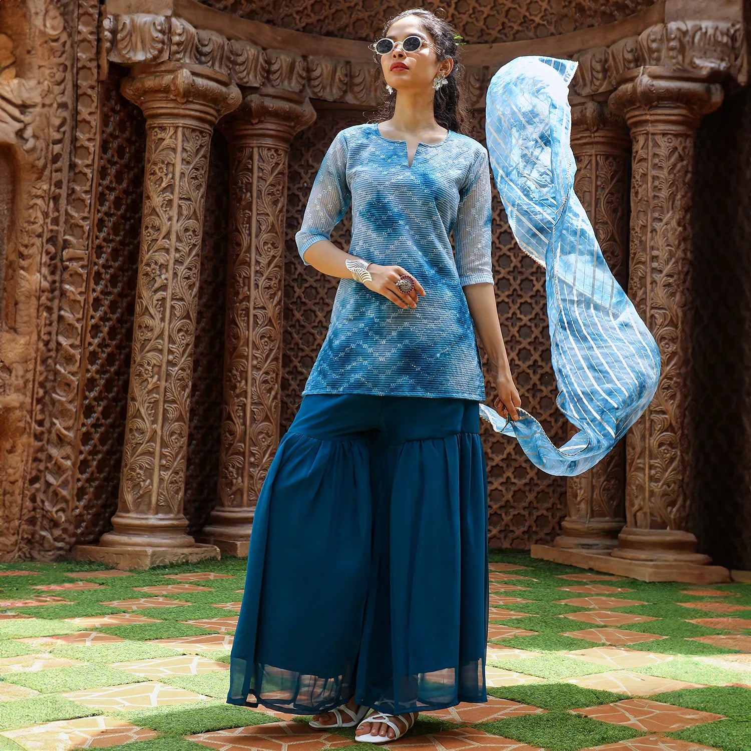 Tie-Dye Kurti With Palazzo And Dupatta