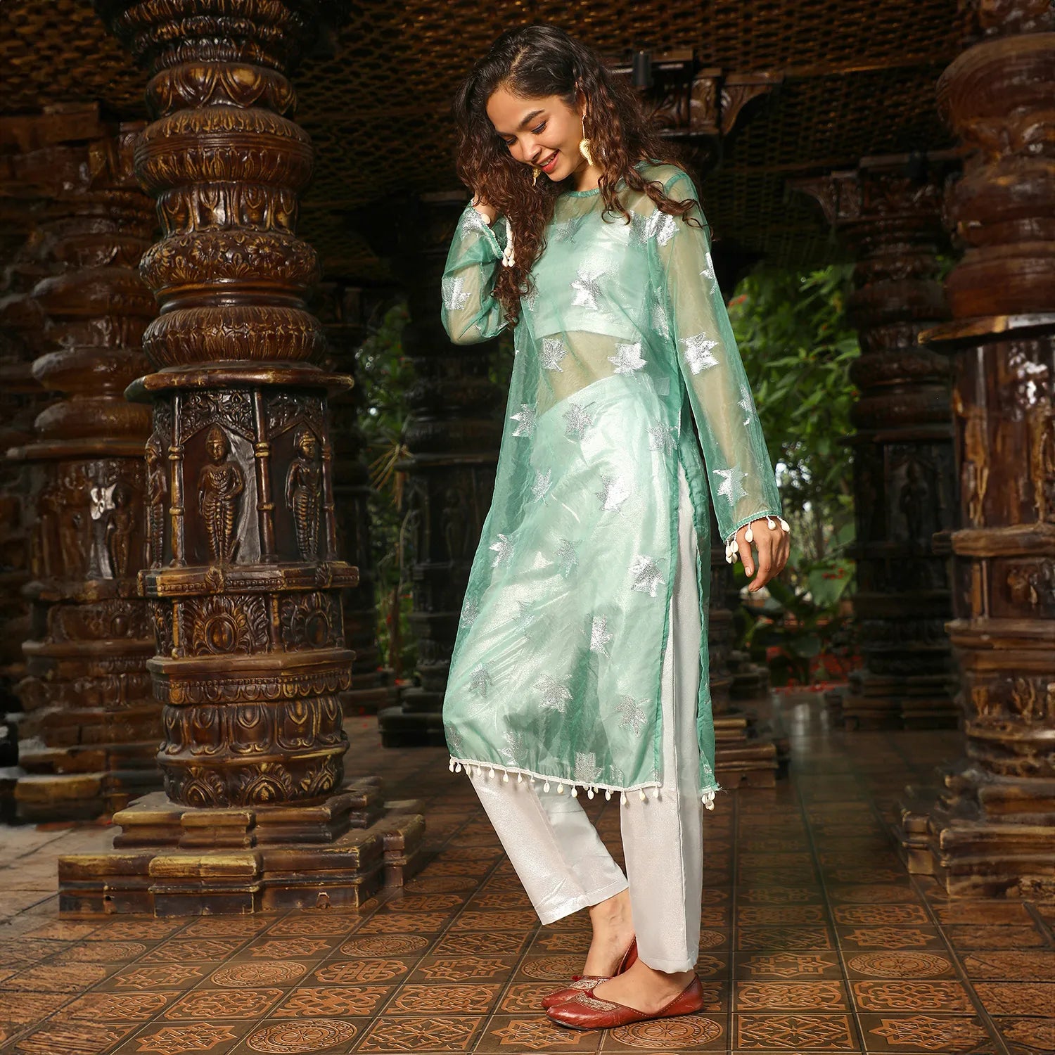 Maple Leaf Kurta With Crop And Trousers