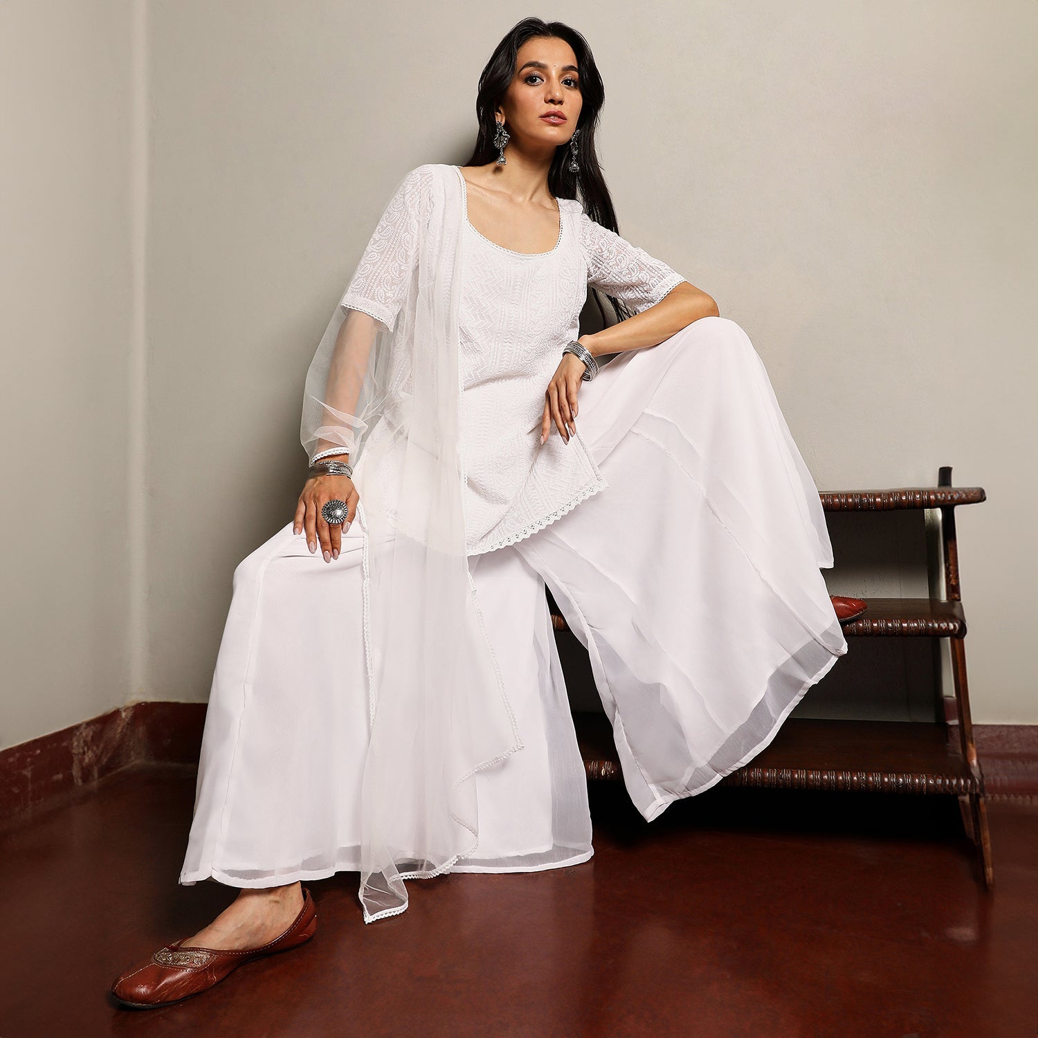 Solid Schiffli Kurti With Palazzo & Dupatta