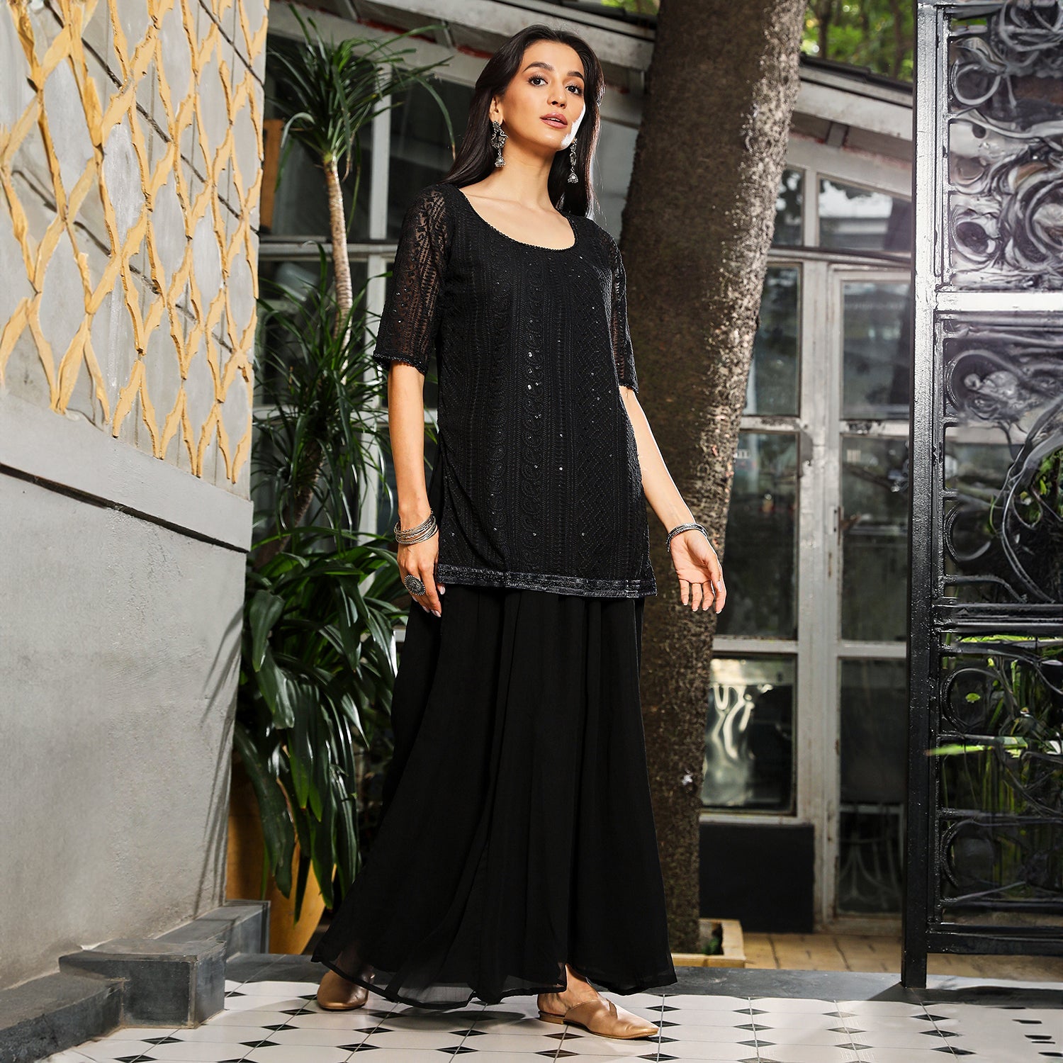 Solid Schiffli Kurti With Palazzo & Dupatta